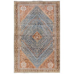 Diamond-Rendered Medallion Vintage Persian Qashqai Rug in Blue and Burnt Orange