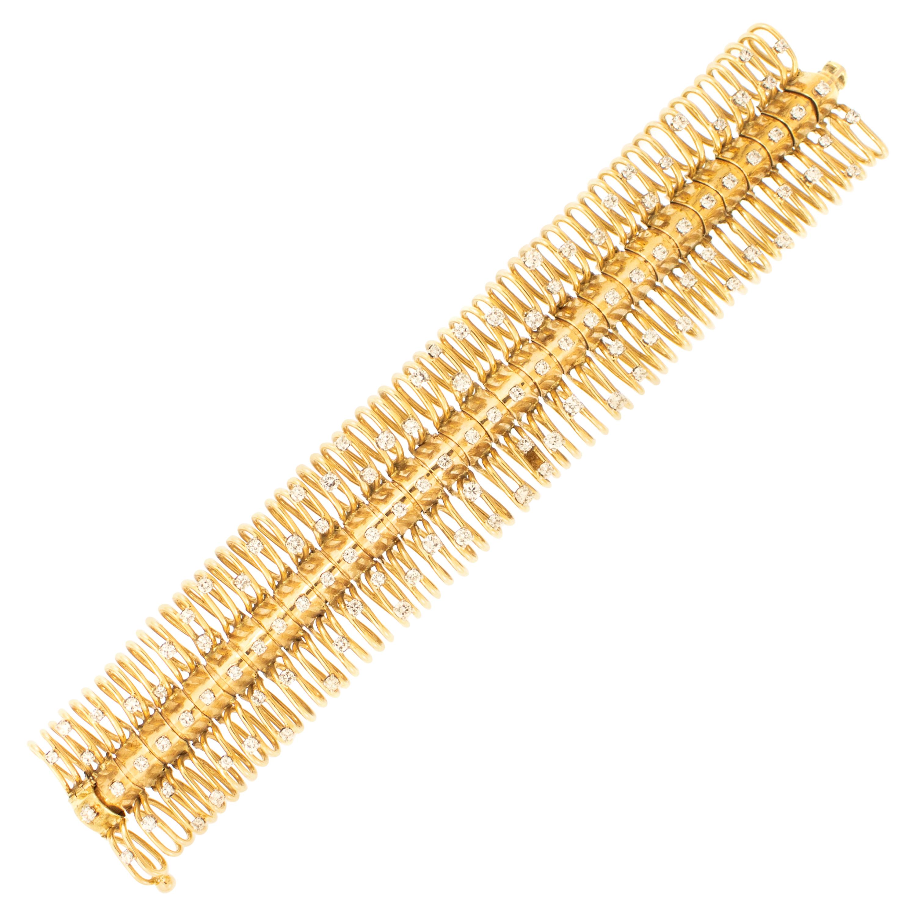 Diamond Retro Cuff 14 Karat Gold Bracelet For Sale