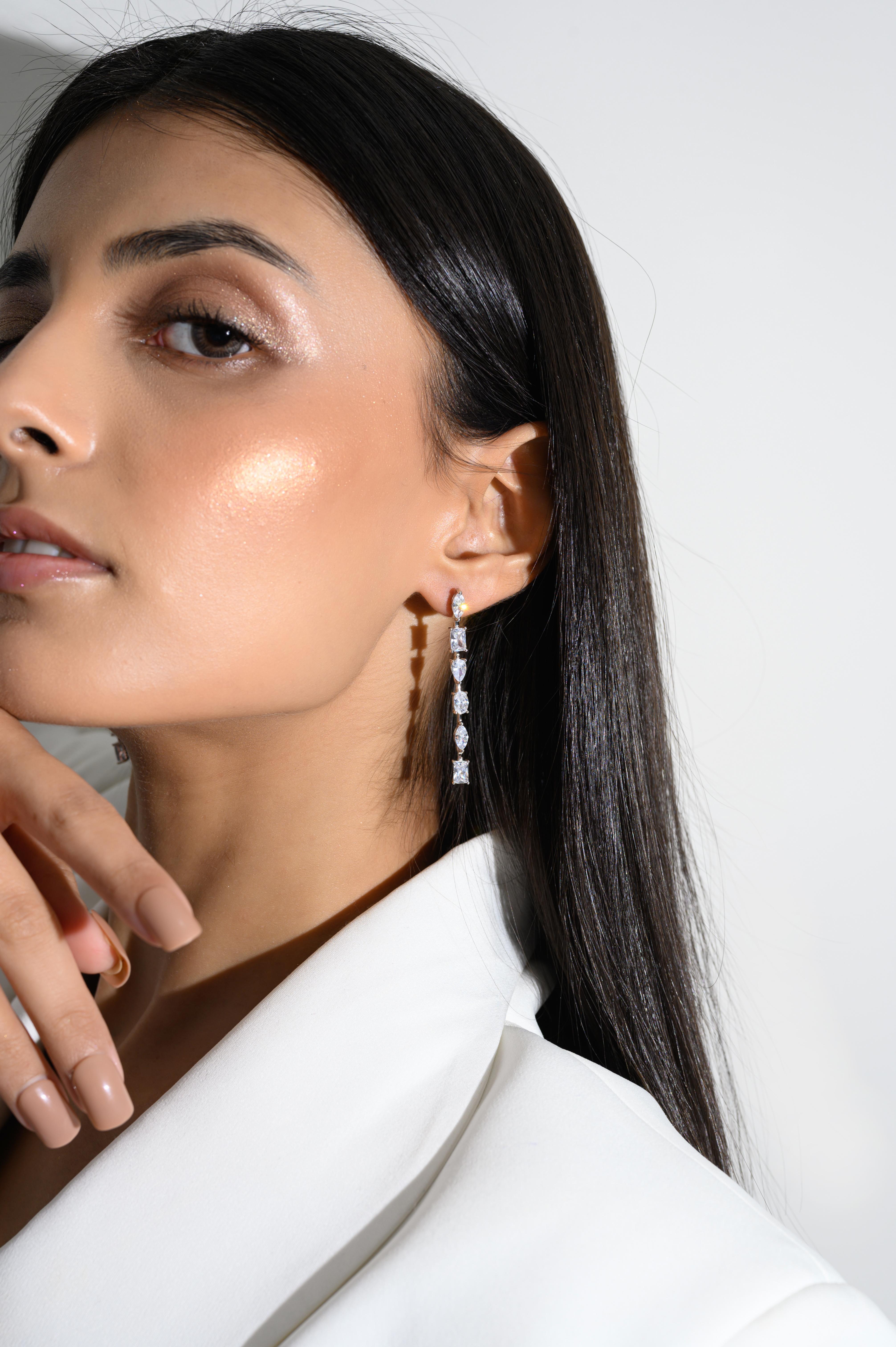 Diamond Rhinestone Linear Dangle Earrings for Mom in Silver Fashion Jewelry For Sale 1