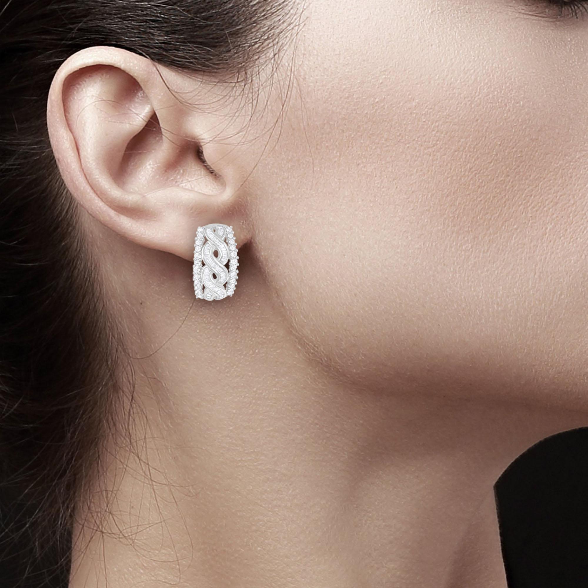 ♥ Product Summary ♥

Main Stone: Diamonds
Approx. Total Carat Weight: 1.46cttw
Diamond Clarity: SI1/SI2
Diamond Color: G/H
Stone Cut: Baguette & Round
Dimensions: 21mm x 11mm
Metal Choice: 14K White Gold
Closure: Omega Clip On

Diamonds & Gemstones