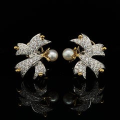 Platinum and 18K Yellow Gold Diamond Ribbon Pearl Earrings