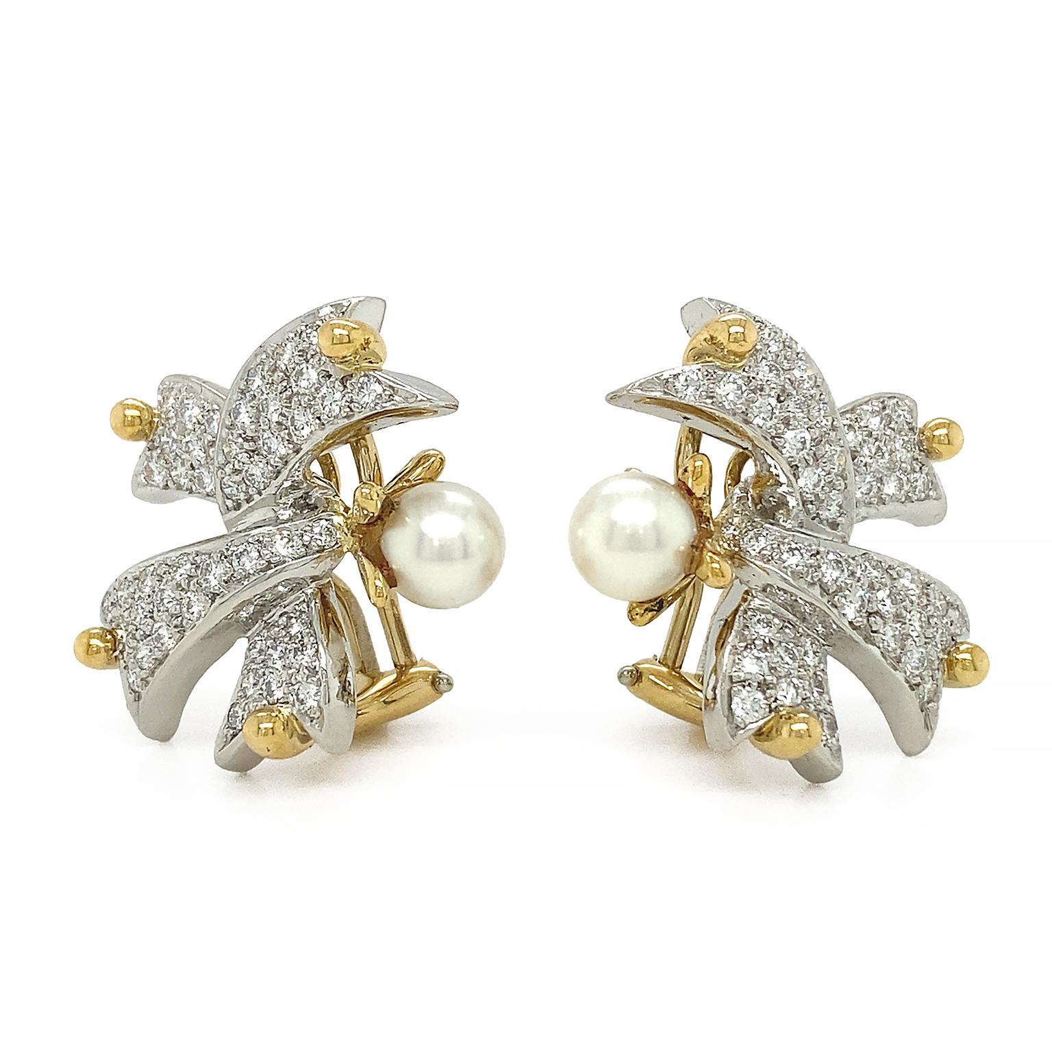 Round Cut Platinum and 18K Yellow Gold Diamond Ribbon Pearl Earrings For Sale