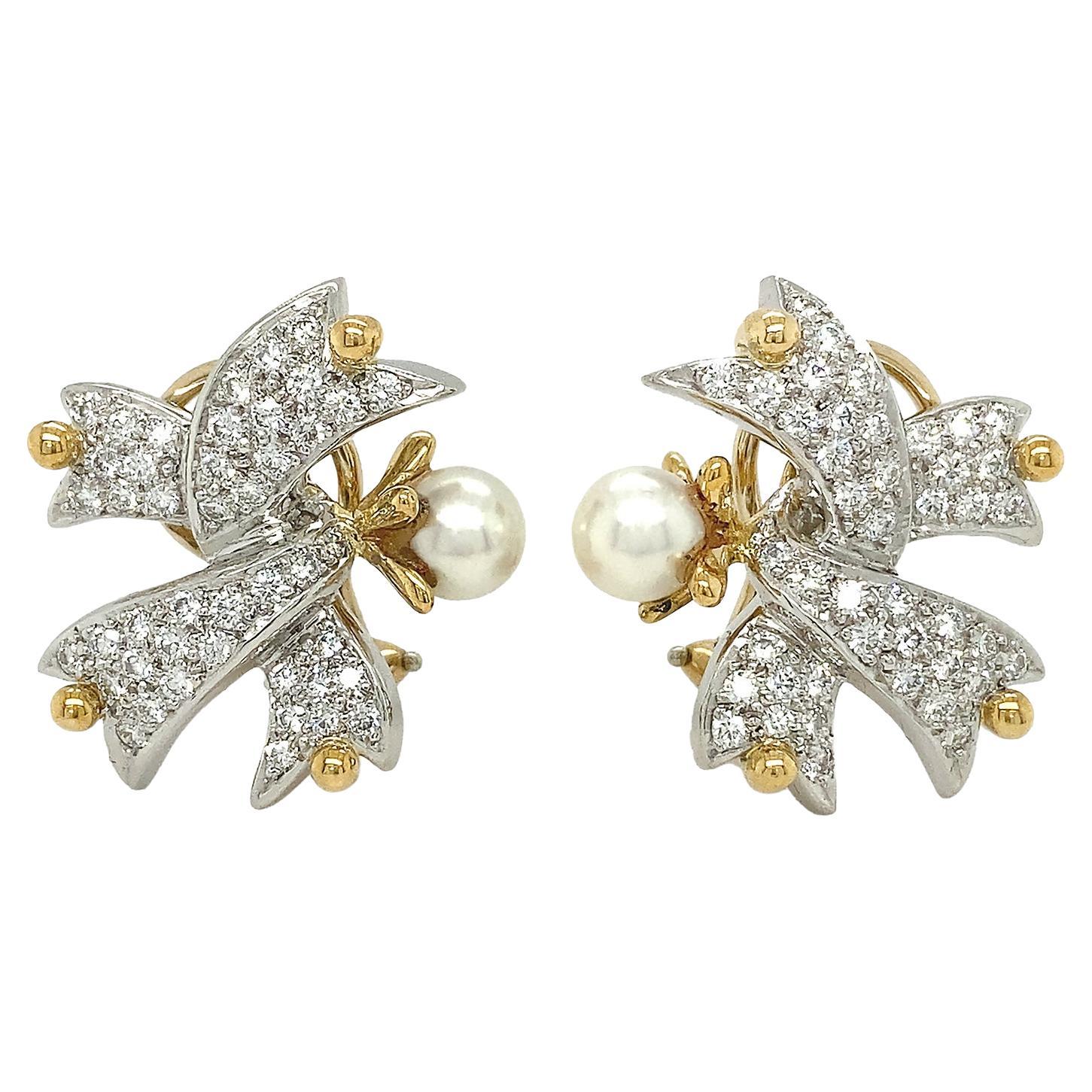 Platinum and 18K Yellow Gold Diamond Ribbon Pearl Earrings