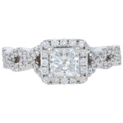 Diamond Ring 14 Karat White Gold Halo Princess Solitaire 1.15 Carat Cathedral