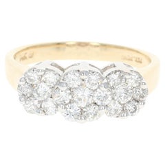 Diamond Ring, 14 Karat Yellow Gold Cluster Trio Halo Round Cut 1.00 Carat