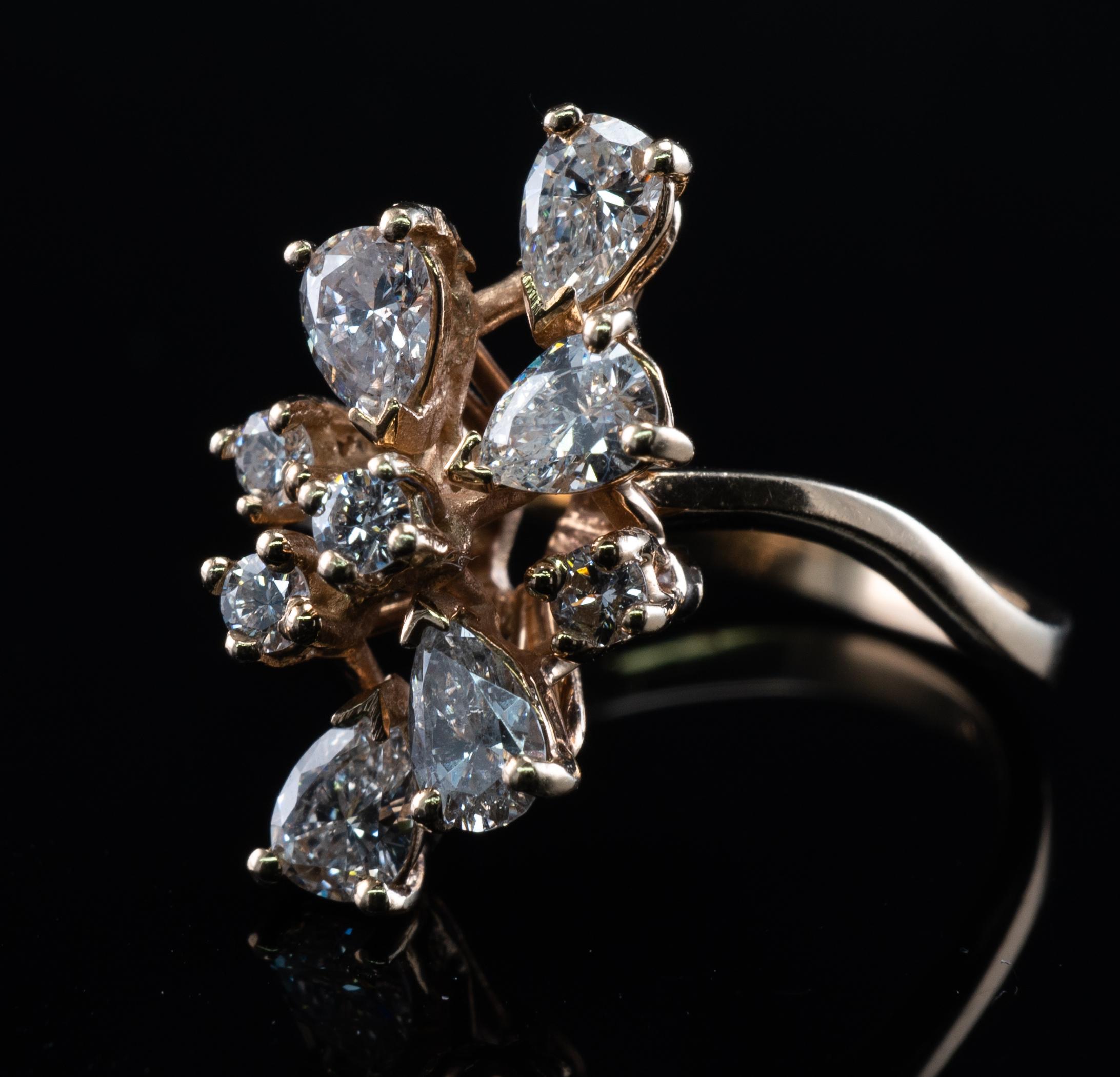 Diamant-Ring 14K Gold Birne Runde Cluster 1,53 TDW Damen im Angebot