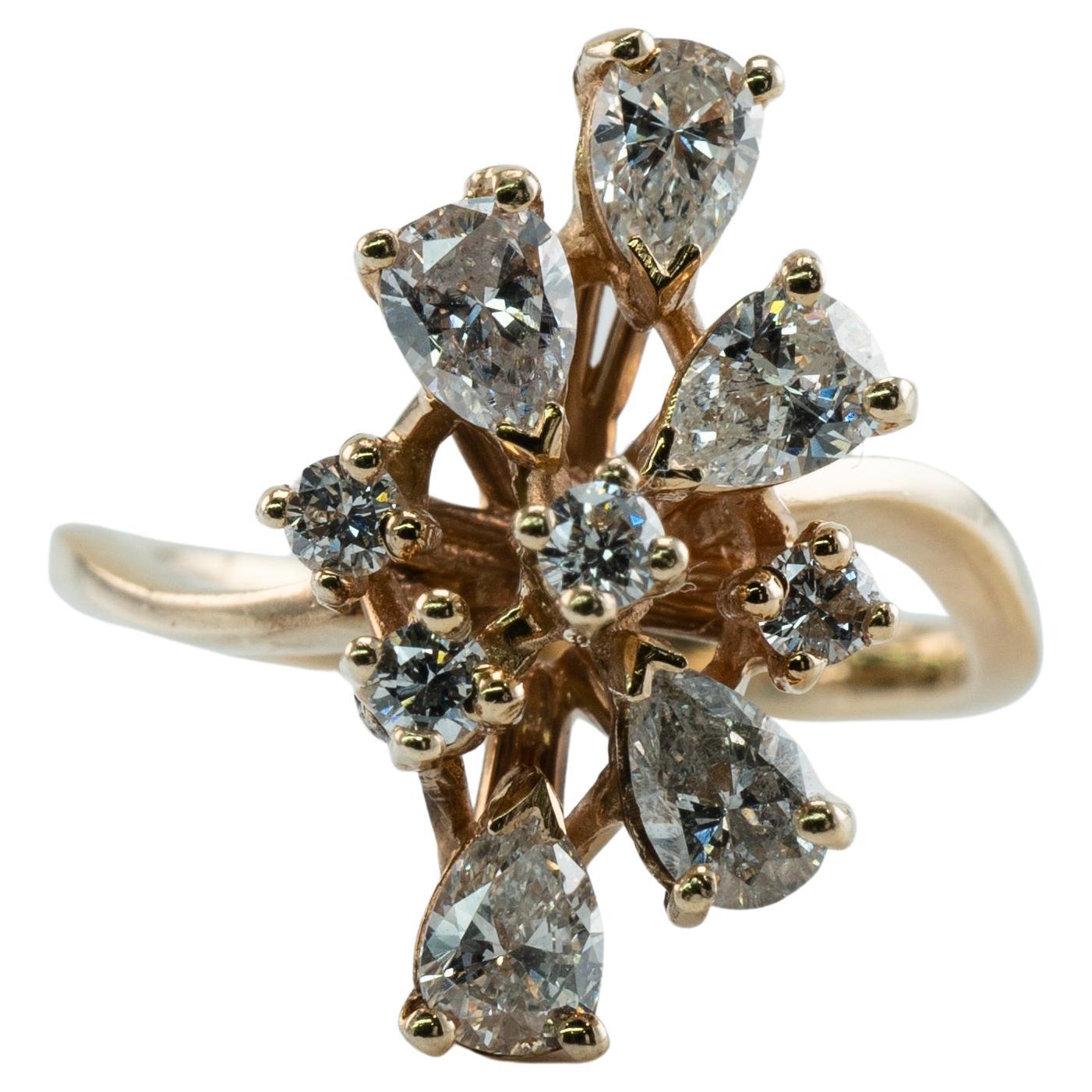 Diamond Ring 14K Gold Pear Round Cluster 1.53 TDW For Sale