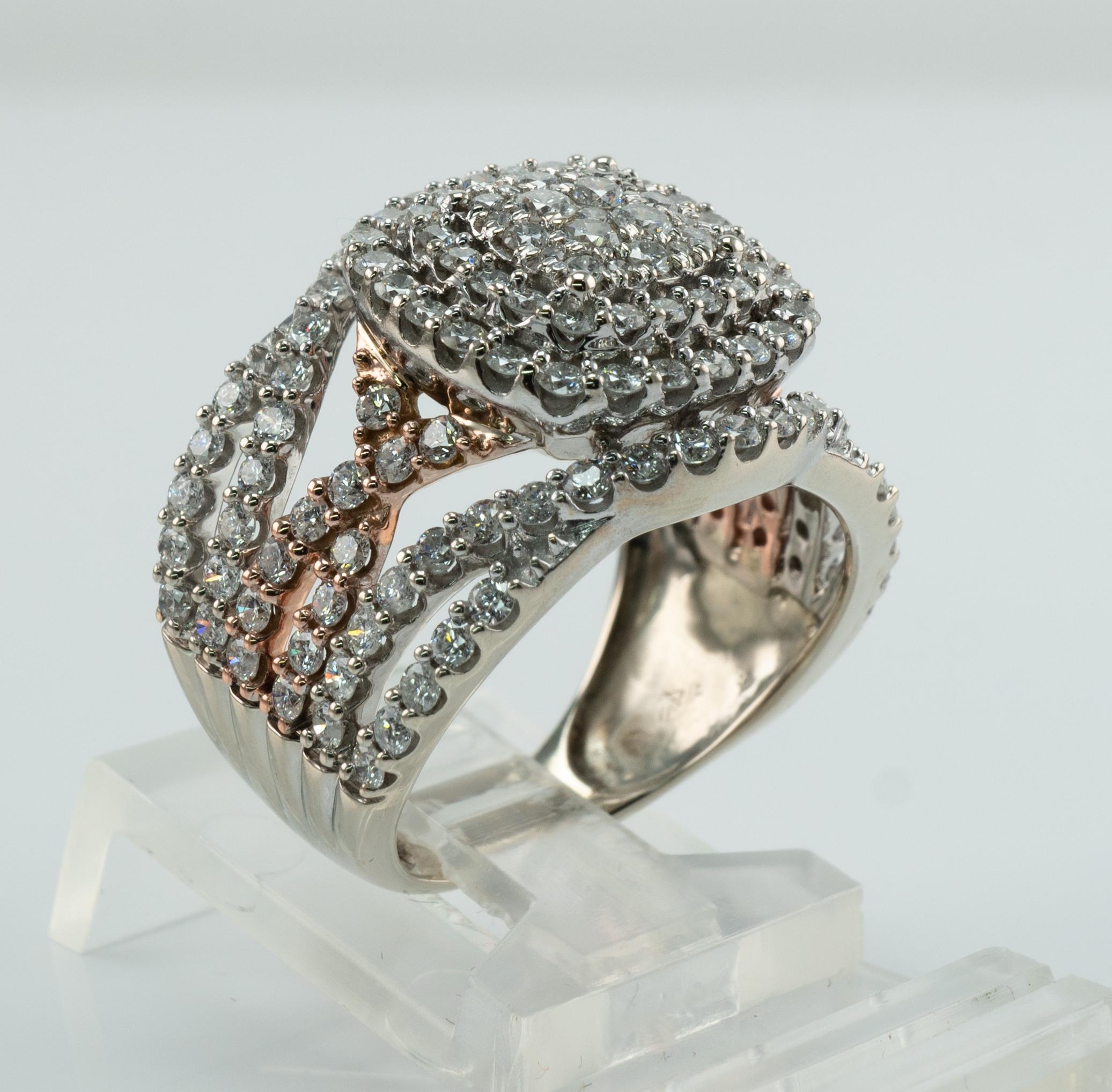 Diamond Ring 14K White and Rose Gold 2.60 TDW Cluster Cocktail For Sale 6