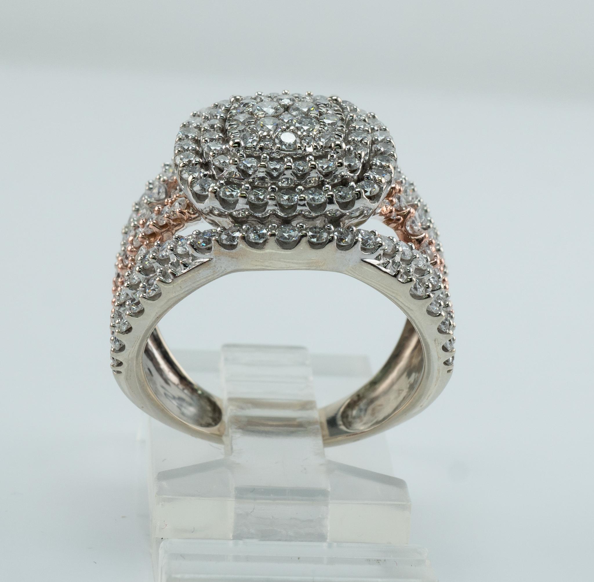 Diamond Ring 14K White and Rose Gold 2.60 TDW Cluster Cocktail For Sale 8