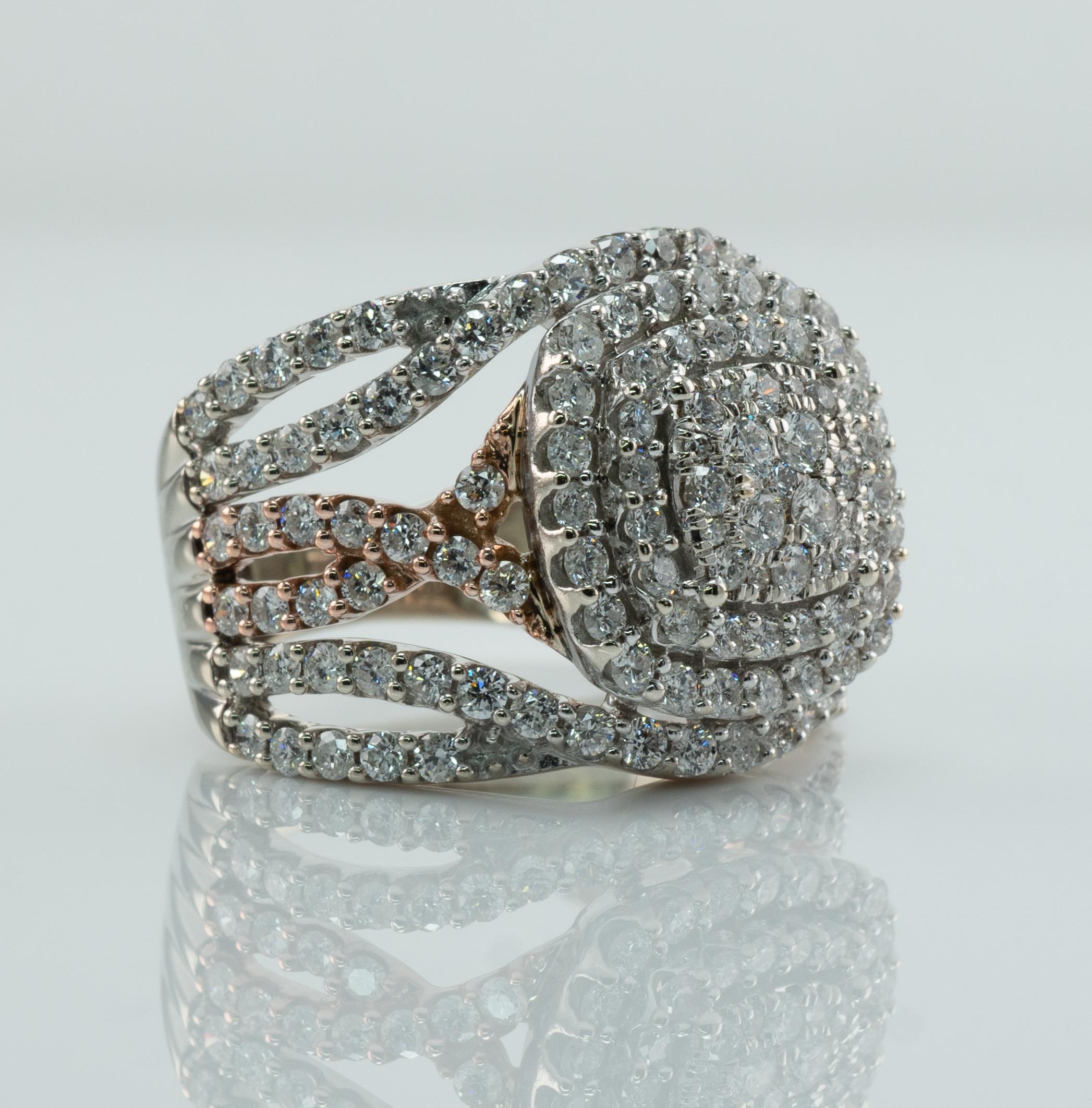 Round Cut Diamond Ring 14K White and Rose Gold 2.60 TDW Cluster Cocktail For Sale