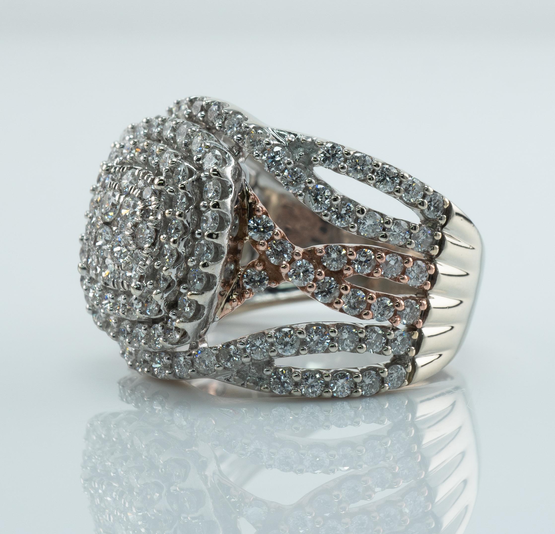 Diamond Ring 14K White and Rose Gold 2.60 TDW Cluster Cocktail For Sale 1