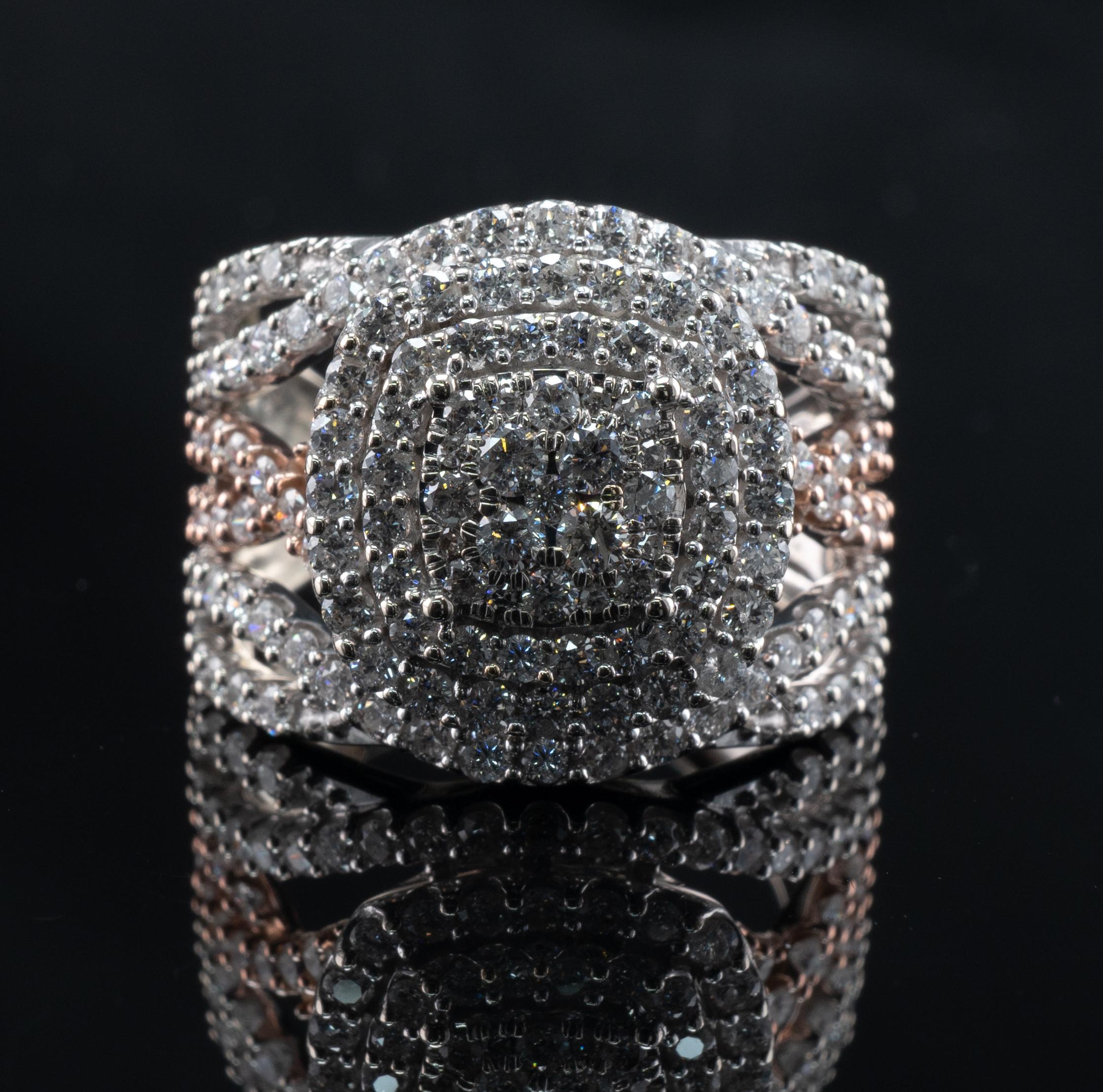 Diamond Ring 14K White and Rose Gold 2.60 TDW Cluster Cocktail For Sale 2