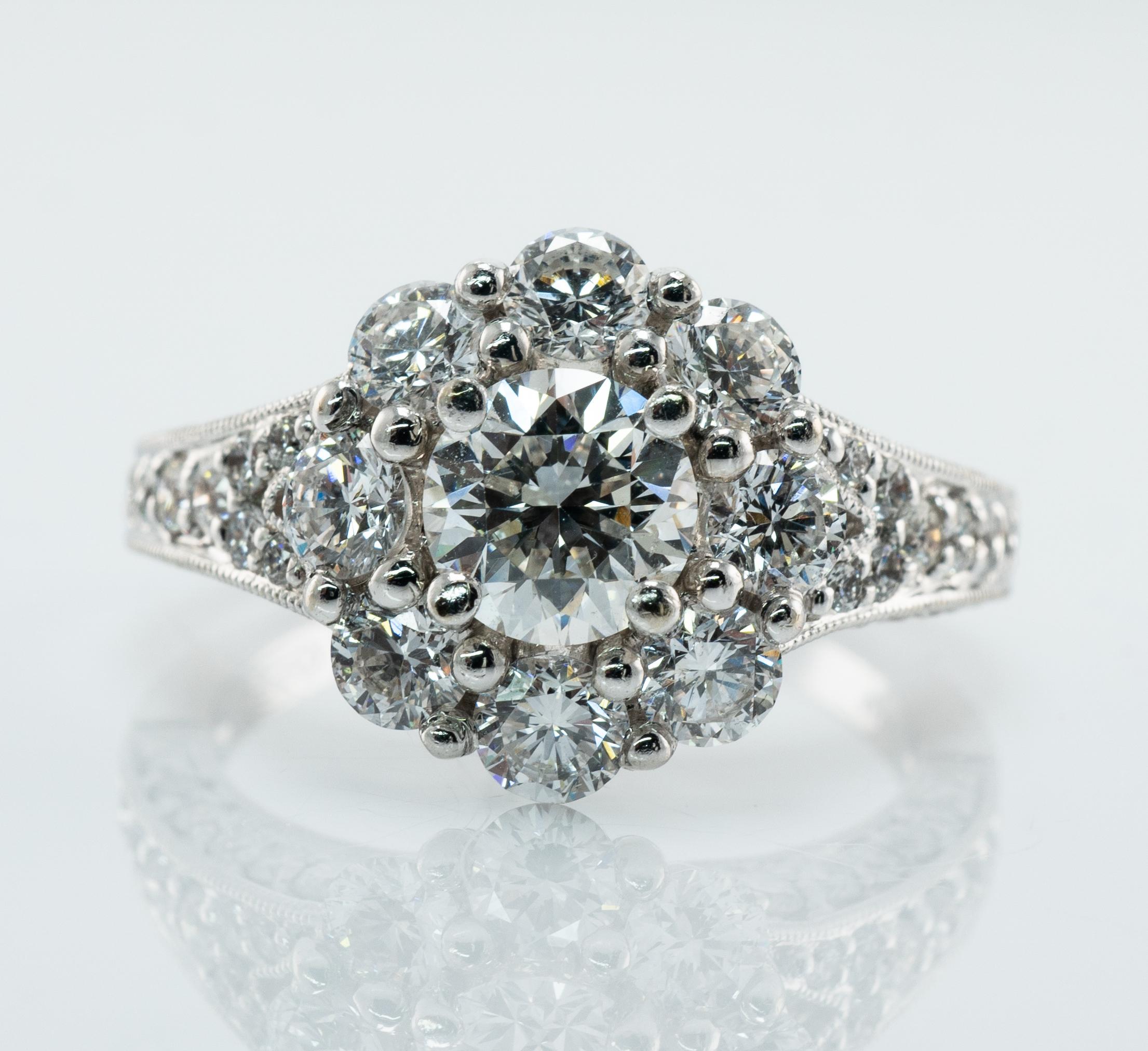 Diamond Ring 14K White Gold Band Halo Engagement Wedding 2.00 TDW  For Sale 2