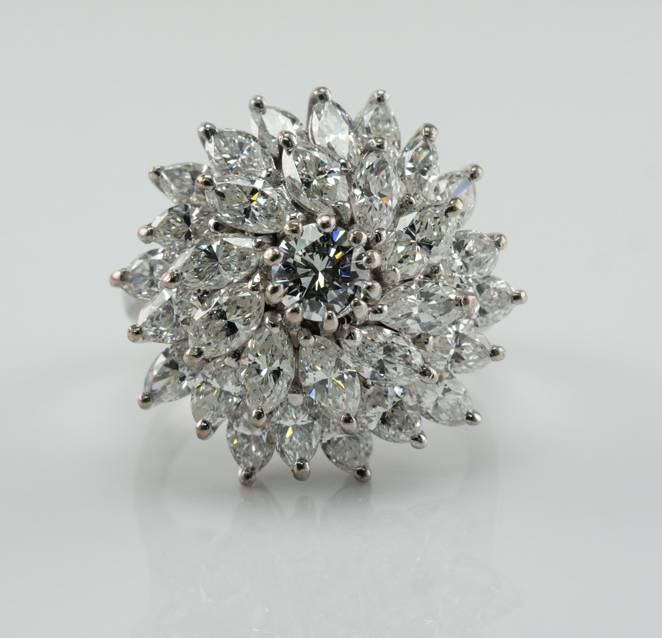 Diamond Ring 14K White Gold Cluster 5.22 TDW Cocktail Marquise For Sale 5