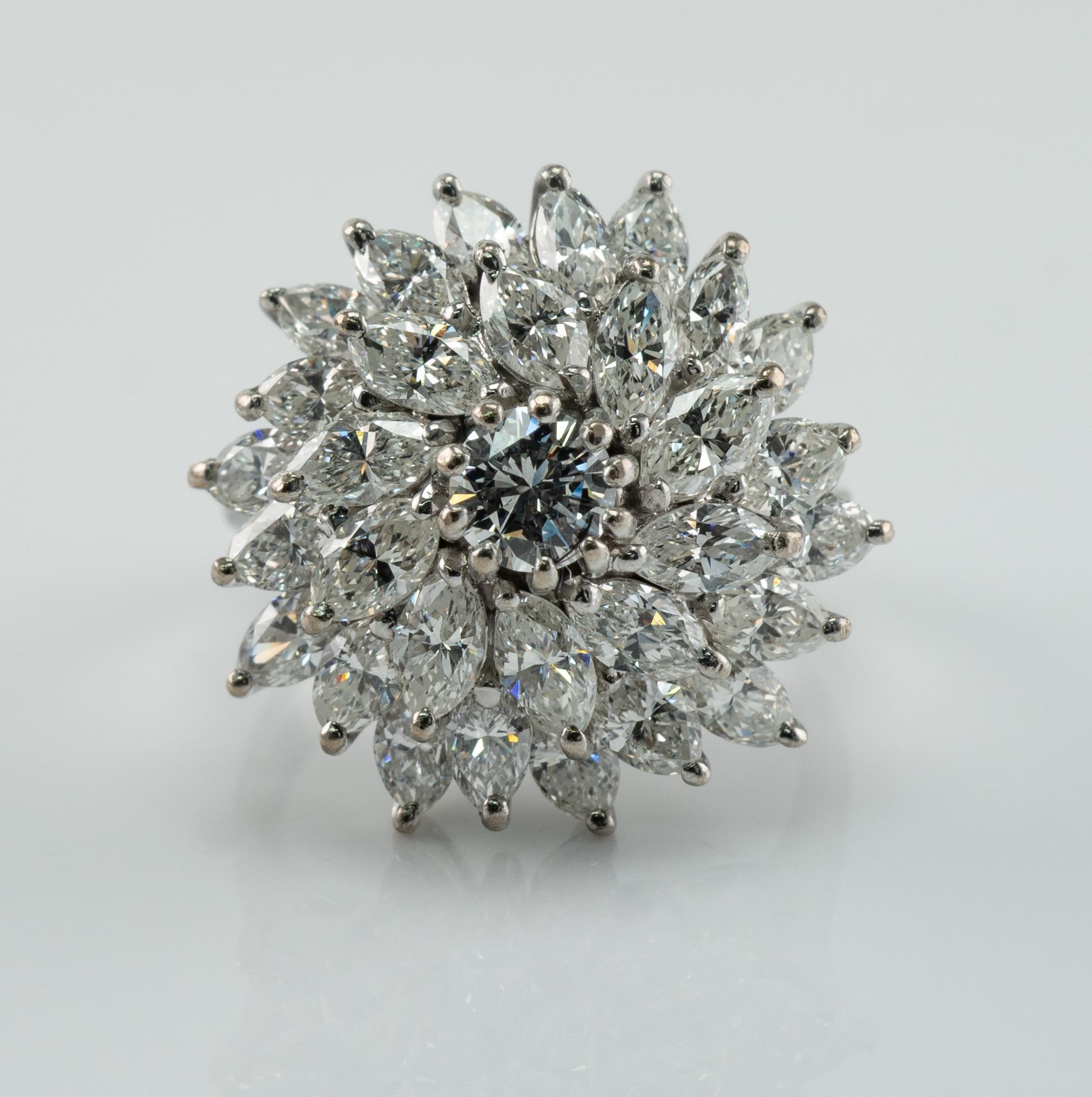 Diamond Ring 14K White Gold Cluster 5.22 TDW Cocktail Marquise In Excellent Condition For Sale In East Brunswick, NJ