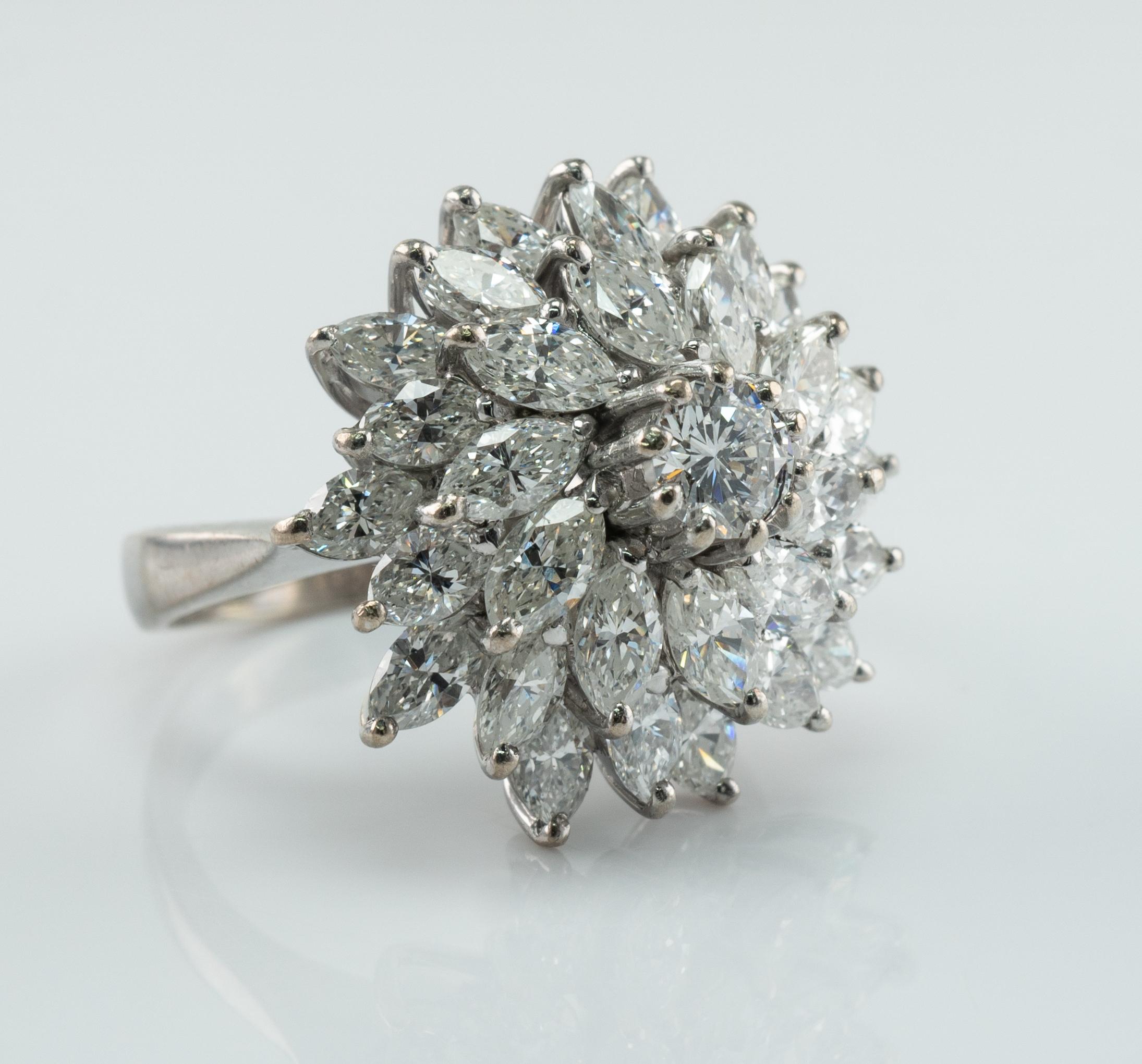 Diamond Ring 14K White Gold Cluster 5.22 TDW Cocktail Marquise For Sale 1