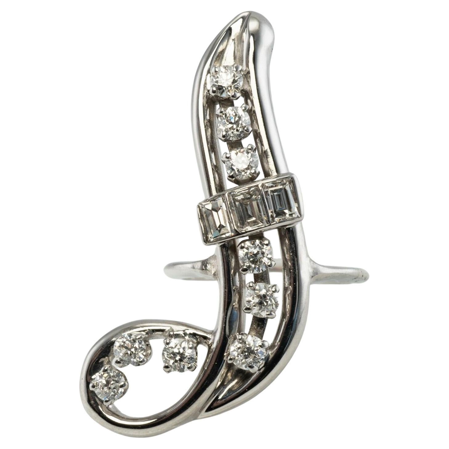 Diamond Ring 14K White Gold Curved Vintage 1.70 TDW For Sale