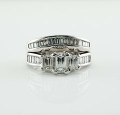 Diamond Ring 14K White Gold Double Band 1.50 TDW Emerald Cut Engagement Wedding
