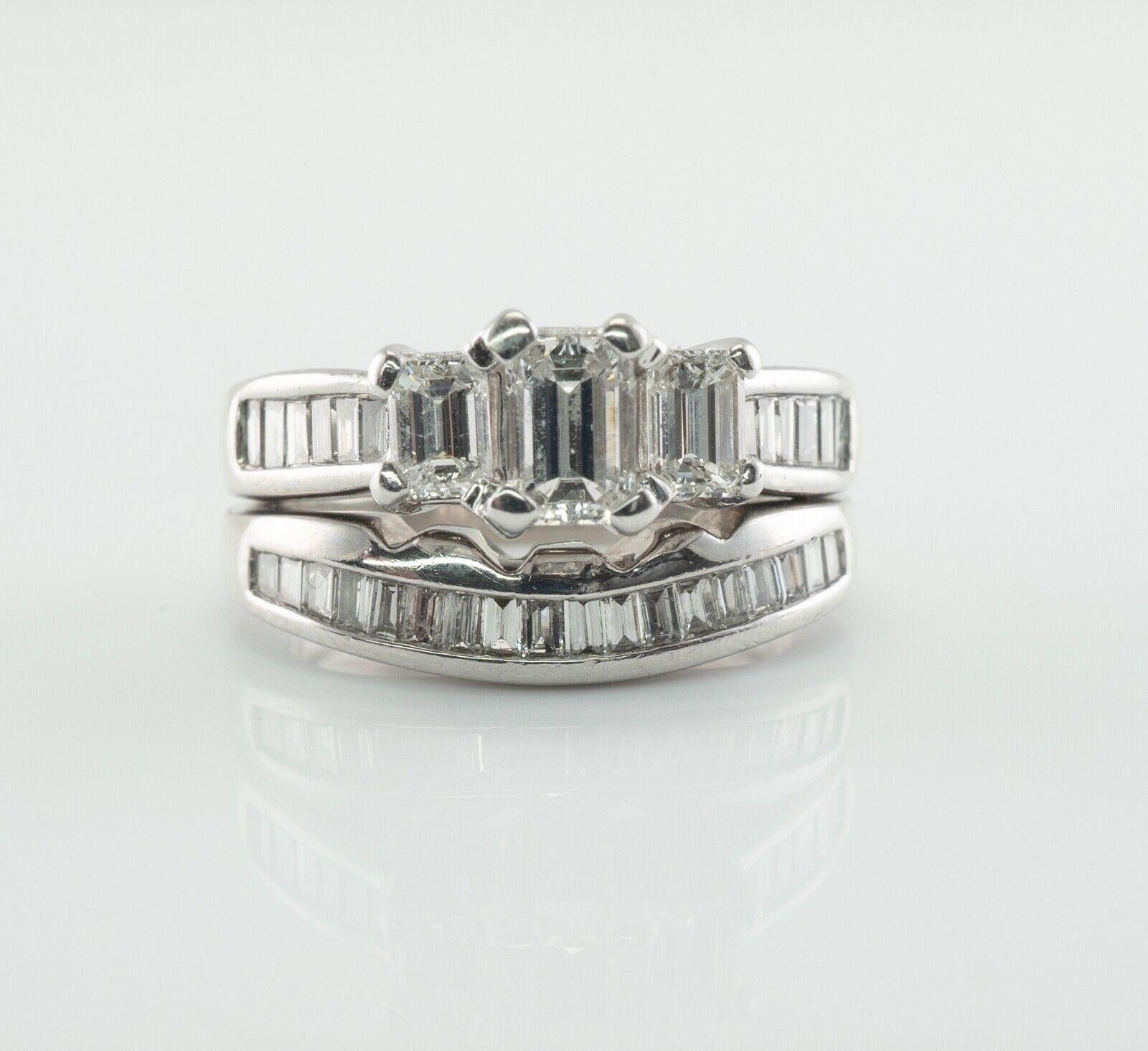 Diamond Ring 14K White Gold Double Band 1.50 TDW Emerald Cut For Sale 8