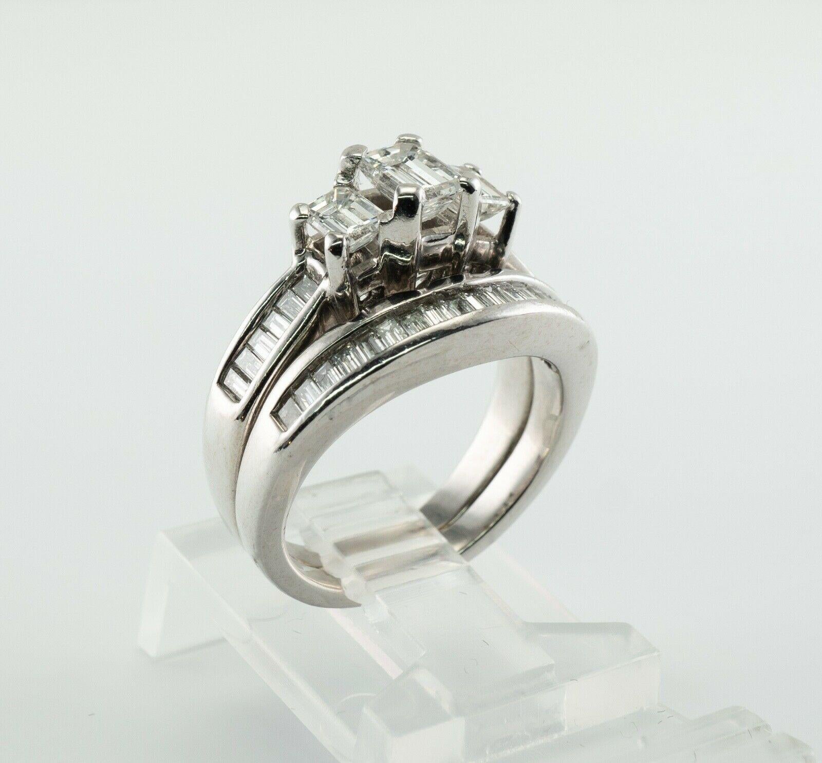 Diamond Ring 14K White Gold Double Band 1.50 TDW Emerald Cut In Good Condition For Sale In East Brunswick, NJ