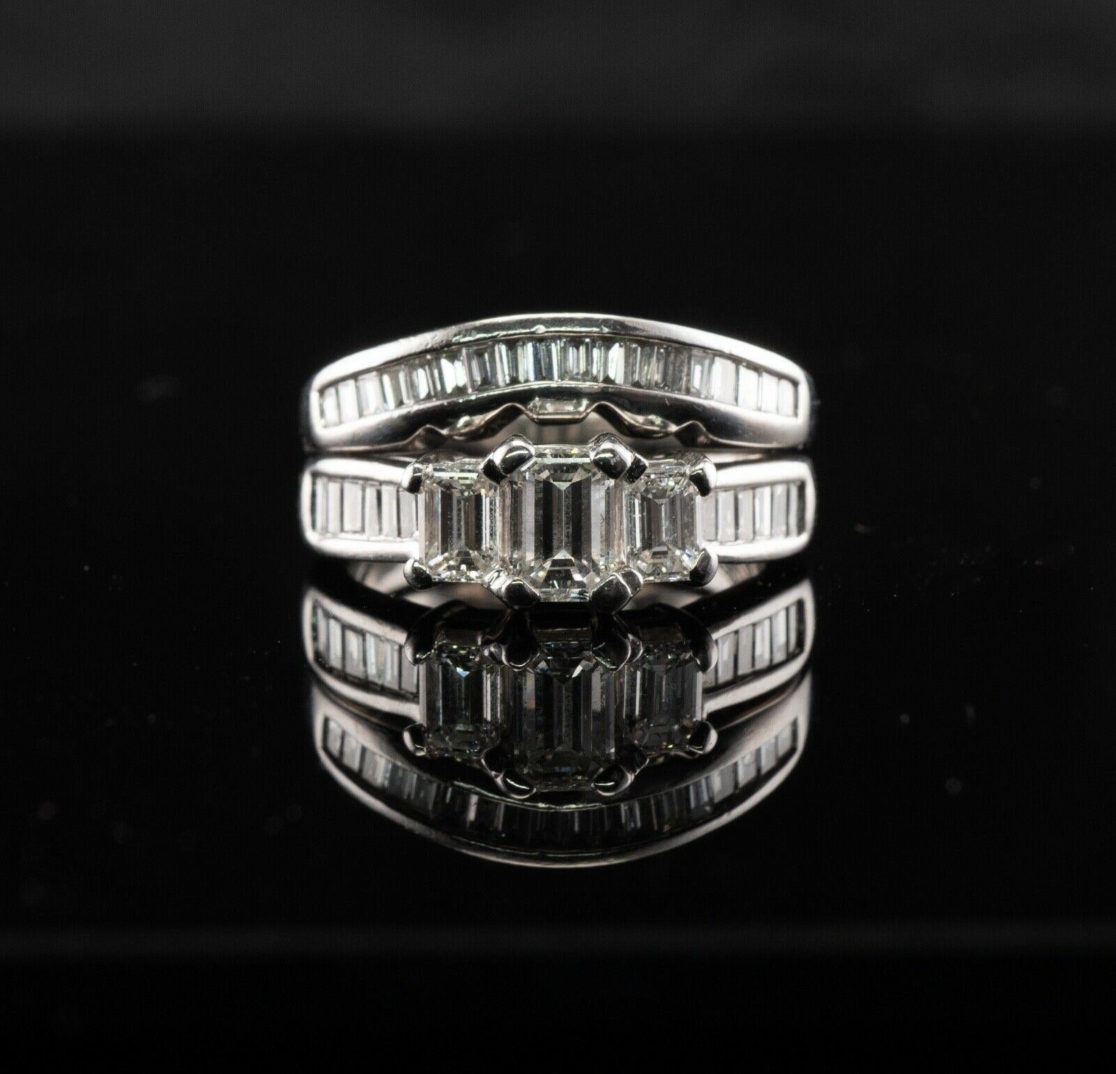 Diamond Ring 14K White Gold Double Band 1.50 TDW Emerald Cut For Sale 1