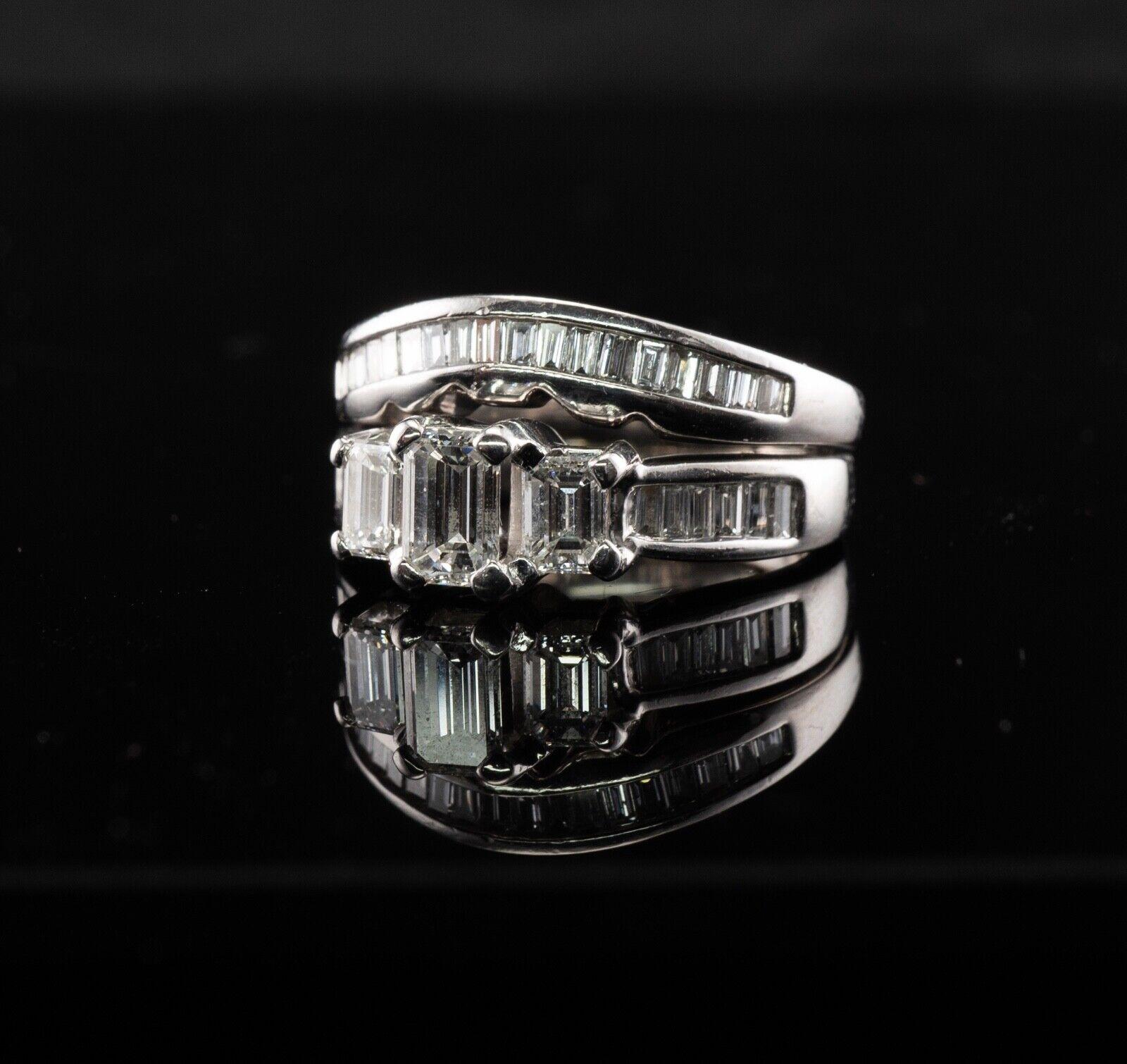 Diamond Ring 14K White Gold Double Band 1.50 TDW Emerald Cut For Sale 3