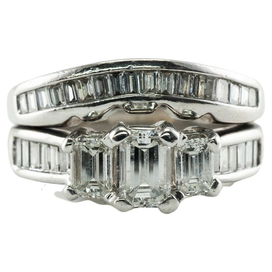 Diamond Ring 14K White Gold Double Band 1.50 TDW Emerald Cut For Sale