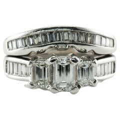 Vintage Diamond Ring 14K White Gold Double Band 1.50 TDW Emerald Cut