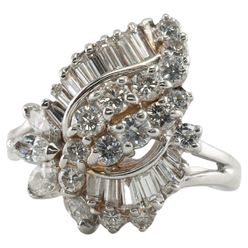 Diamond Ring 14K White Gold Vintage Cluster 1.73 TDW For Sale