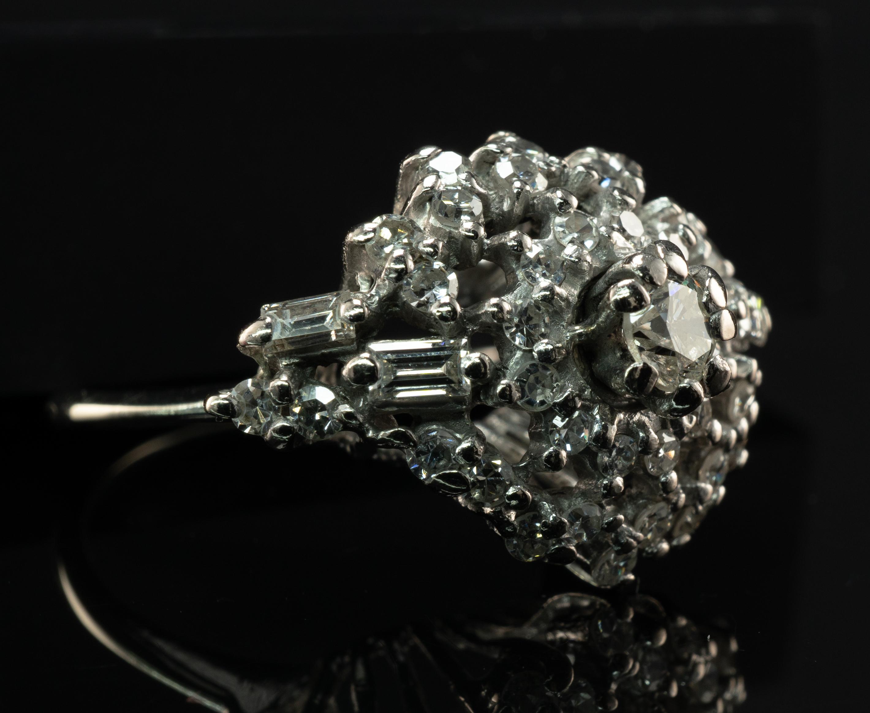 Round Cut Diamond Ring 14K White Gold Vintage Cluster 2.00 TDW For Sale