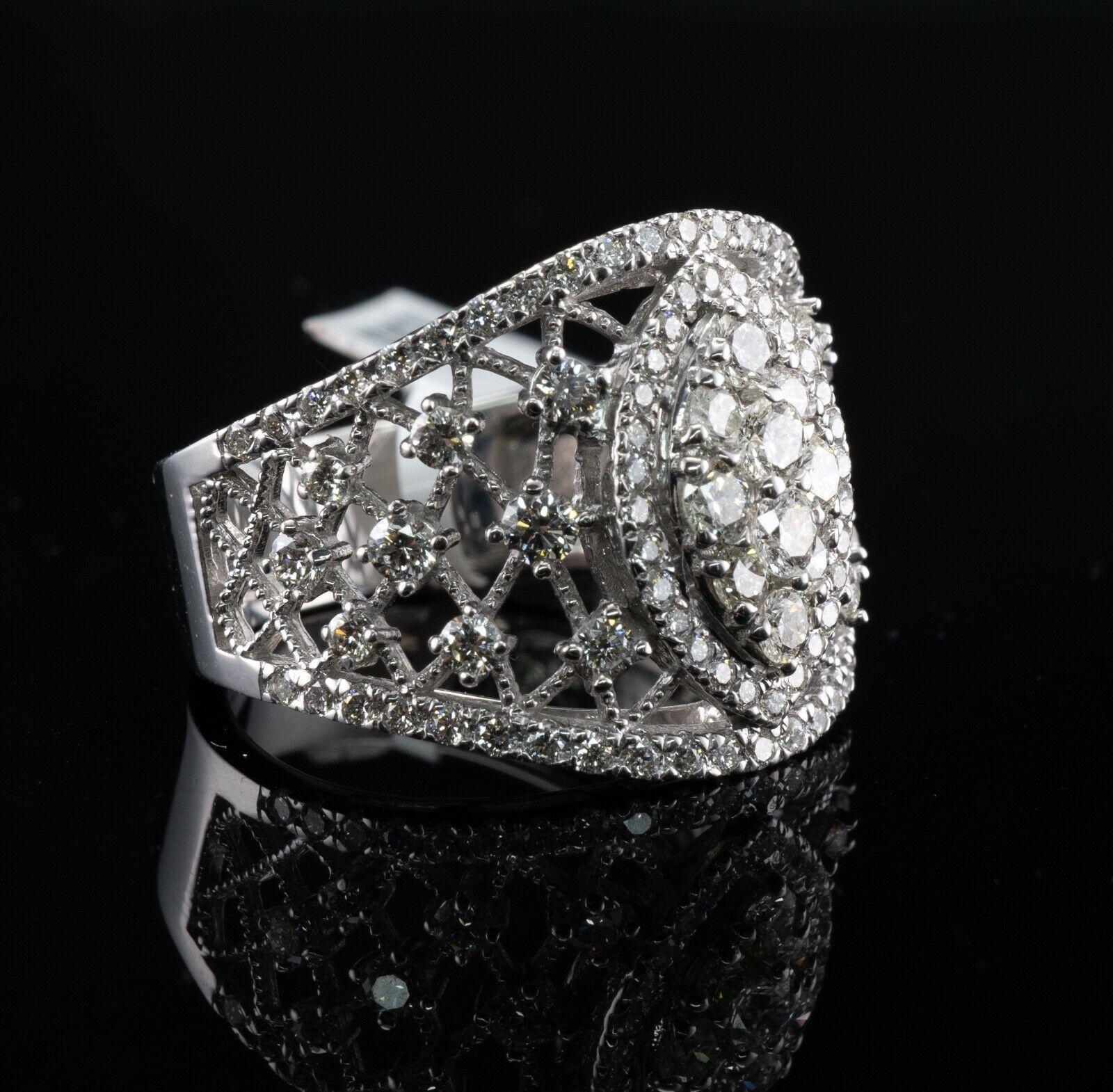 Diamond Ring 14K White Gold Wide Cocktail 1.45cts Cluster For Sale 6