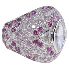 Diamond Ring, 18 Kt. White Gold Pink Red and Natural Sapphire Diamonds Hand Made