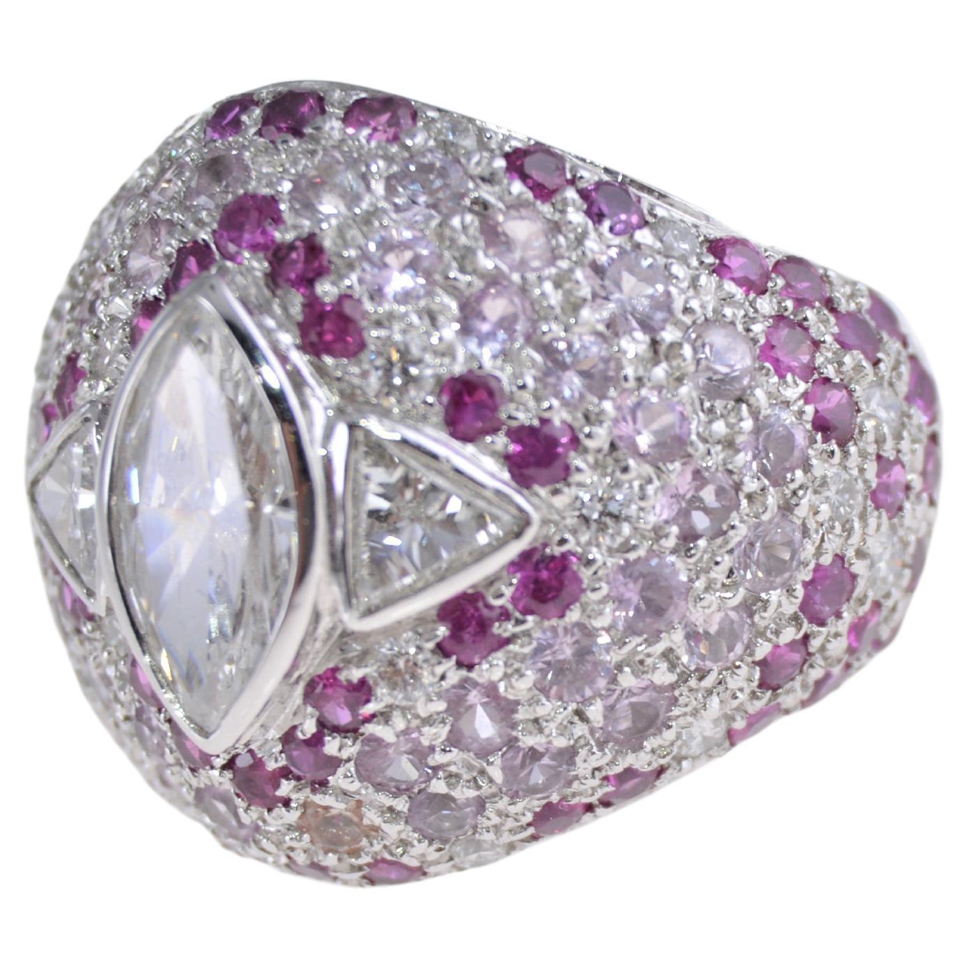 Marquise Cut Diamond Ring, 18 Kt. White Gold Pink Red and Natural Sapphire Diamonds Hand Made For Sale