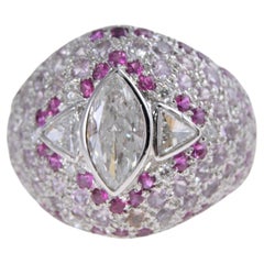 Diamond Ring, 18 Kt. White Gold Pink Red and Natural Sapphire Diamonds Hand Made