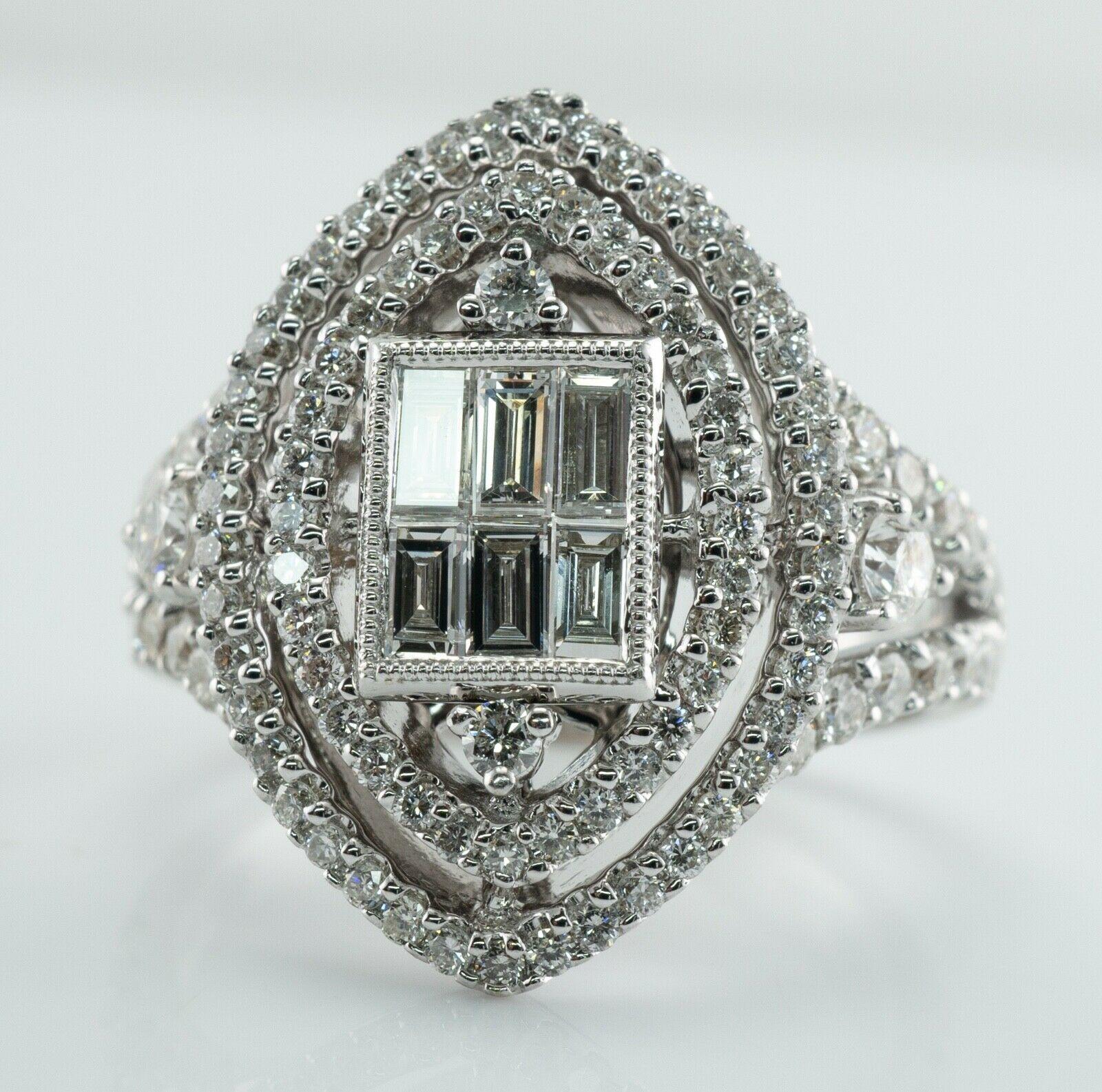 Baguette Cut Diamond Ring 18K White Gold 1.87 TDW Cocktail Engagement For Sale