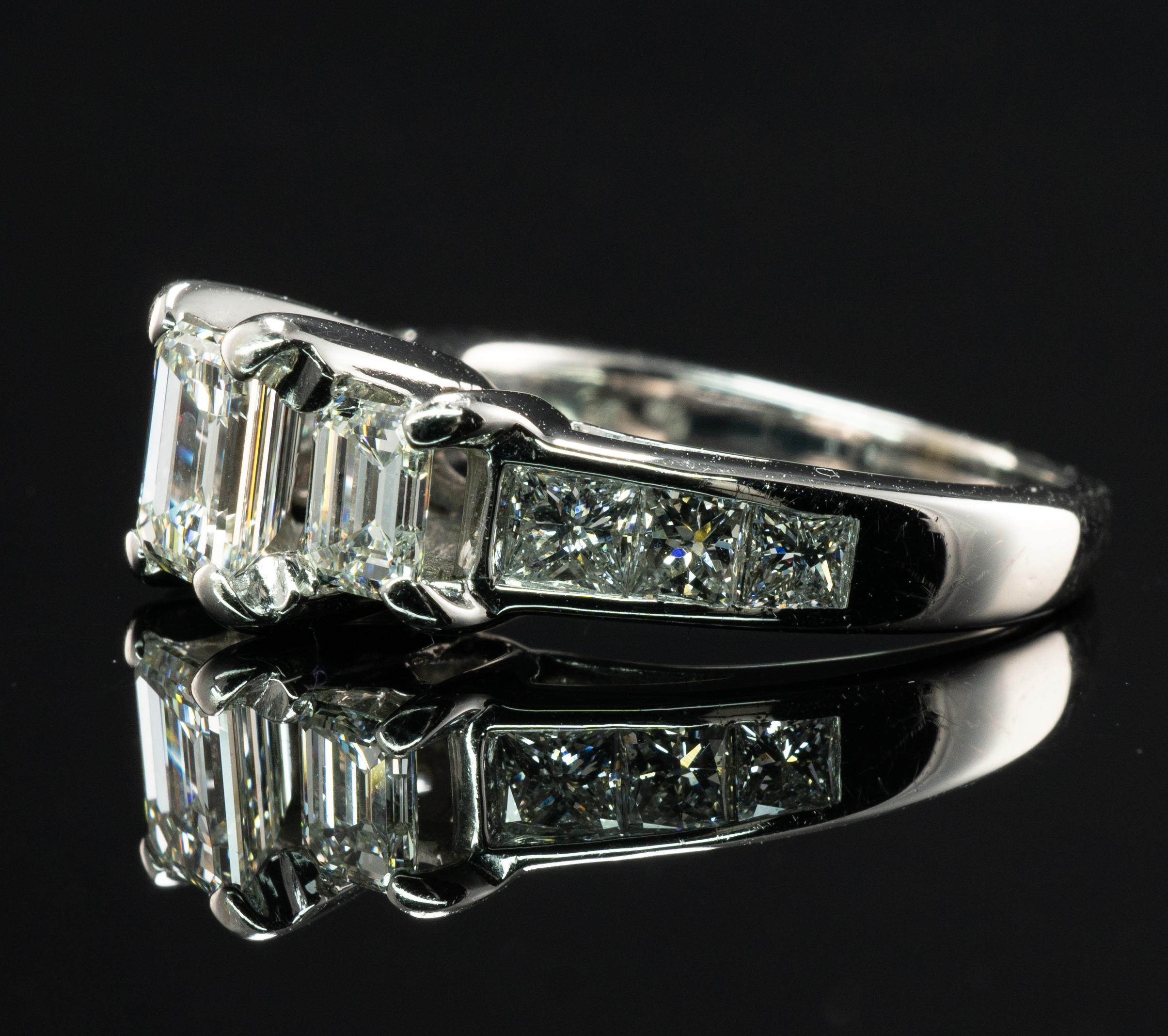 Diamond Ring 18K White Gold Band  2.00 cts TDW Three Emerald cut For Sale 6