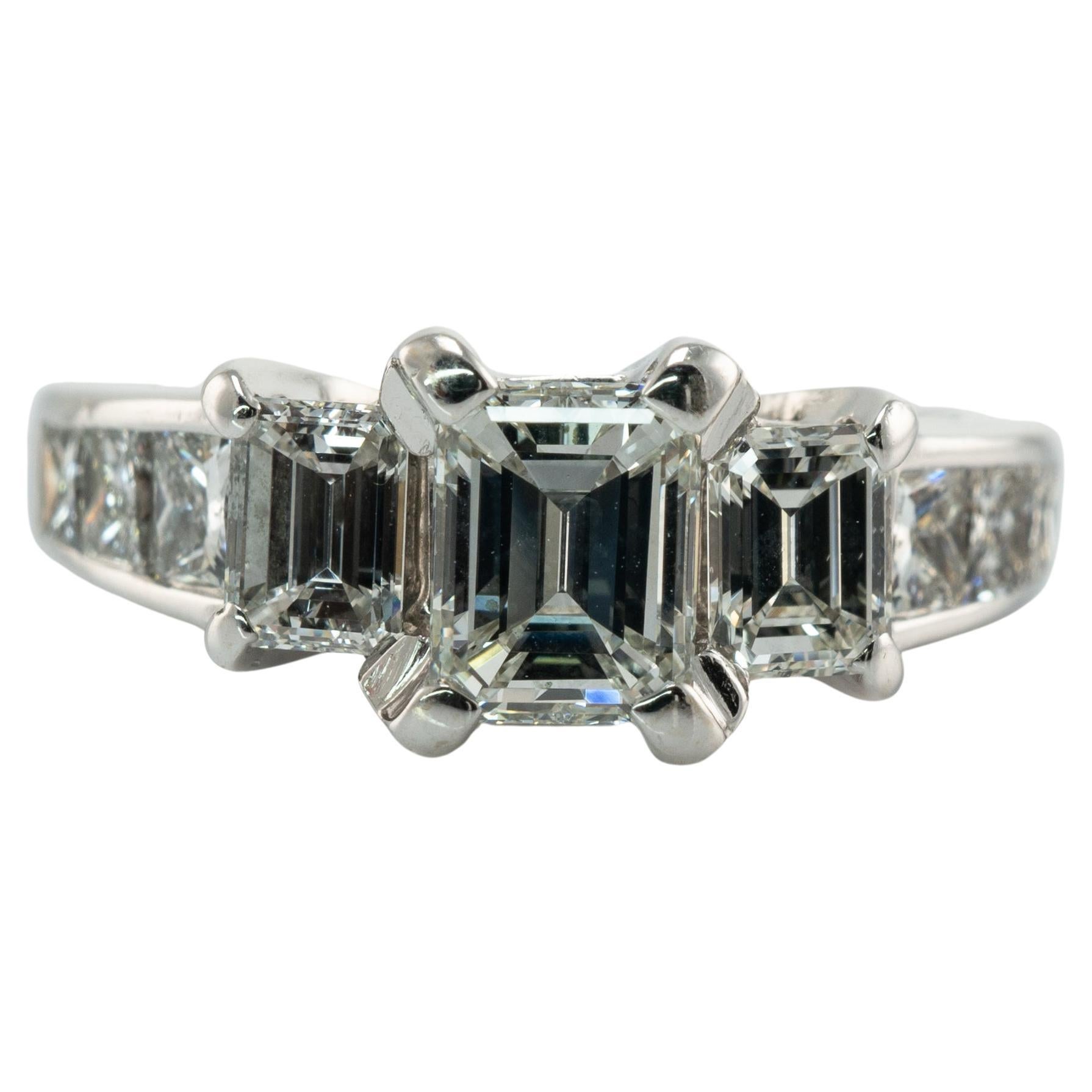 Diamond Ring 18K White Gold Band  2.00 cts TDW Three Emerald cut For Sale