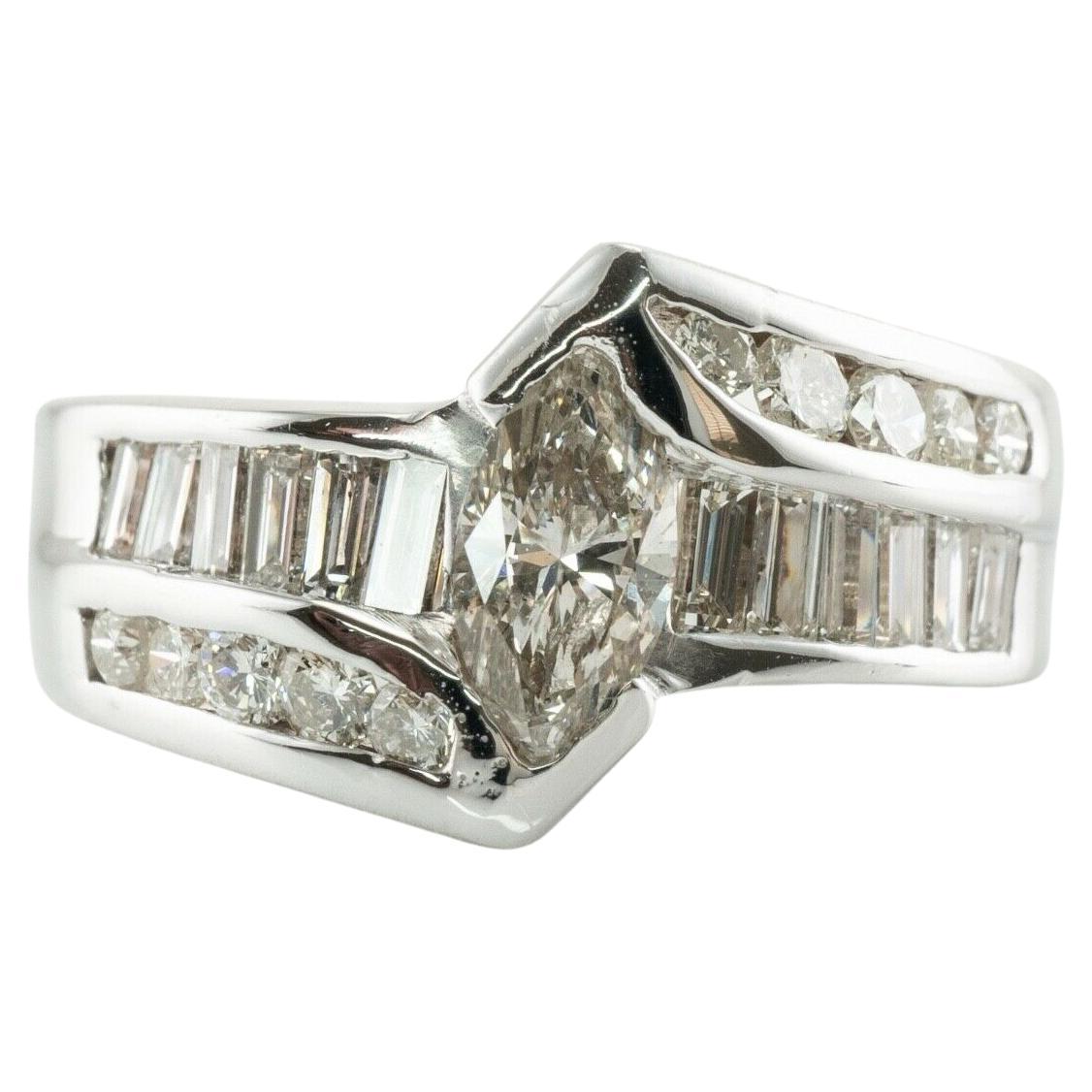 Diamond Ring 18K White Gold Band Marquise Cut Engagement
