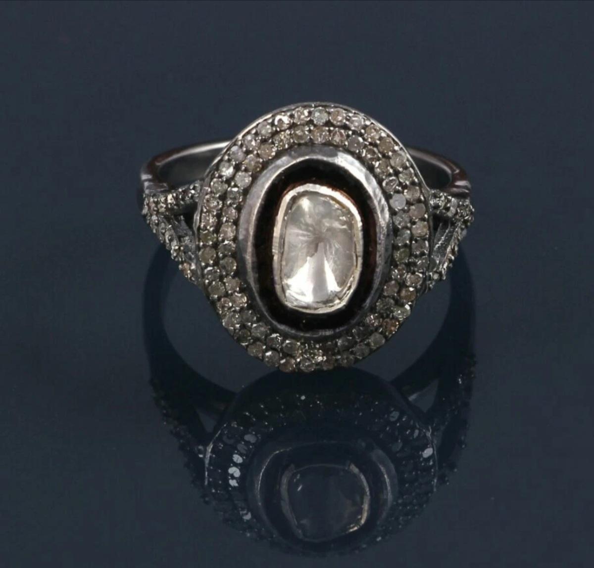 Art Deco Diamond Ring 925 Silver Rosecut Diamond Handmade Ring Natural Polki Diamond Ring For Sale