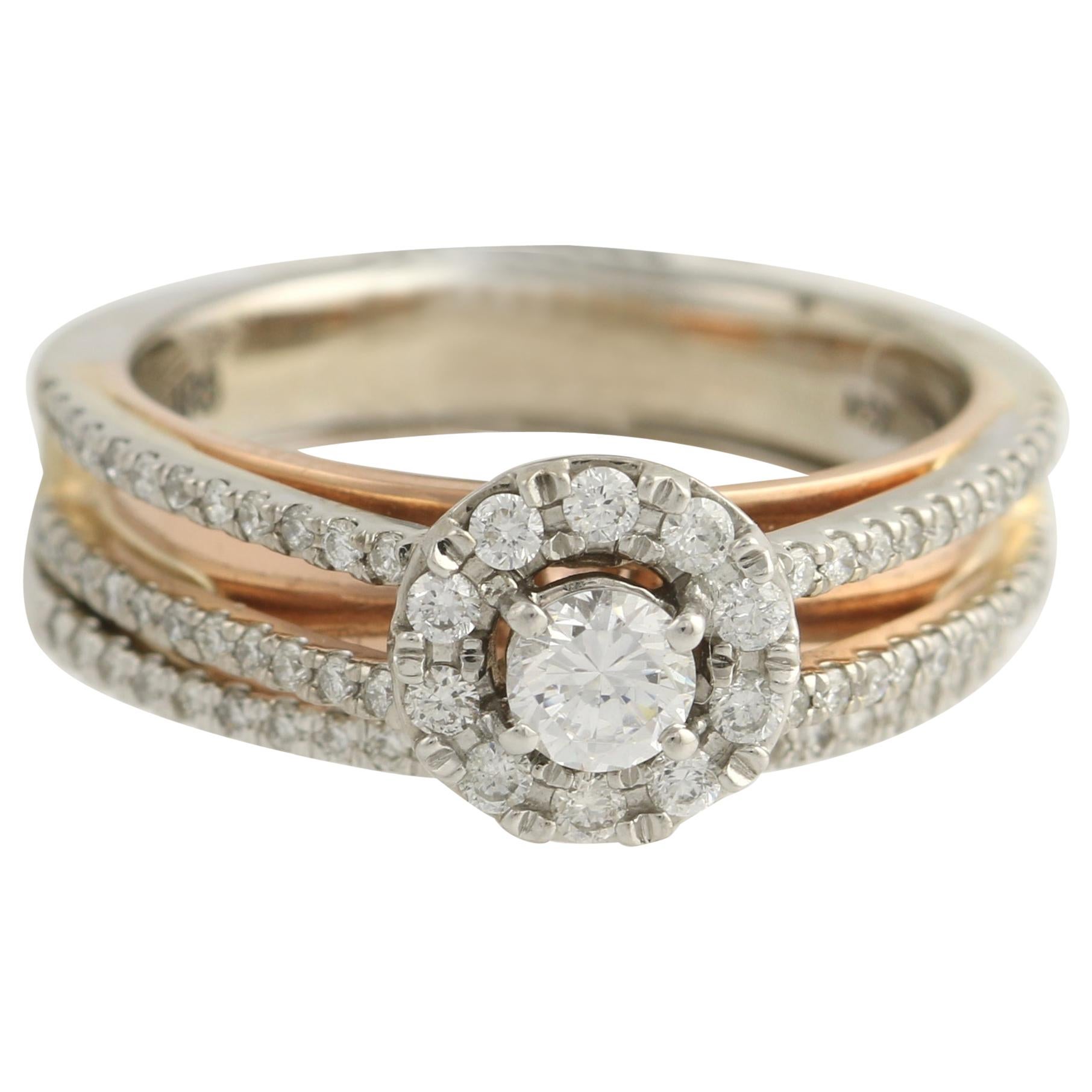 Diamond Ring and Wedding Band, 14 Karat White and Rose Gold Halo .77 Carat