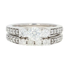 Vintage Diamond Ring and Wedding Band Set, 14 Karat Gold Milgrain Round Cut 1.10 Carat