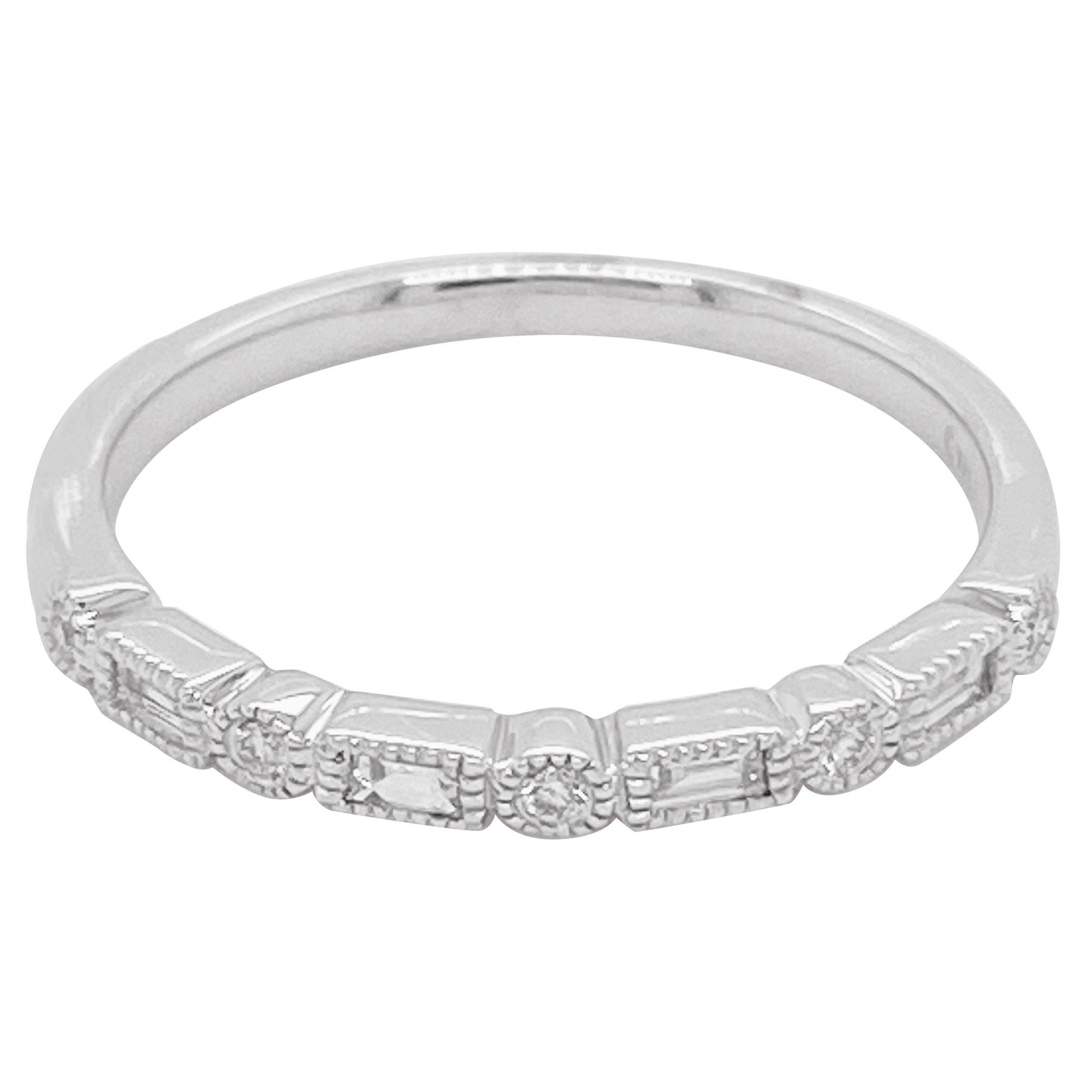 Diamant-Ringband, 14 Karat Weißgold, Baguette, Milgrain, Stack, Hochzeit