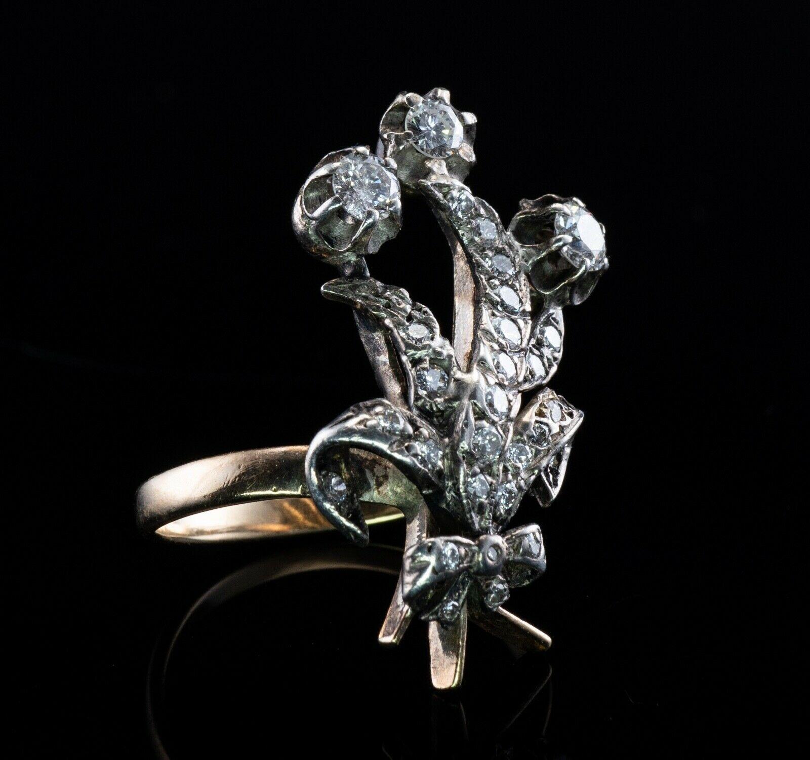 Diamond Ring Cluster 14K Gold Vintage Floral Sterling Silver Top For Sale 5