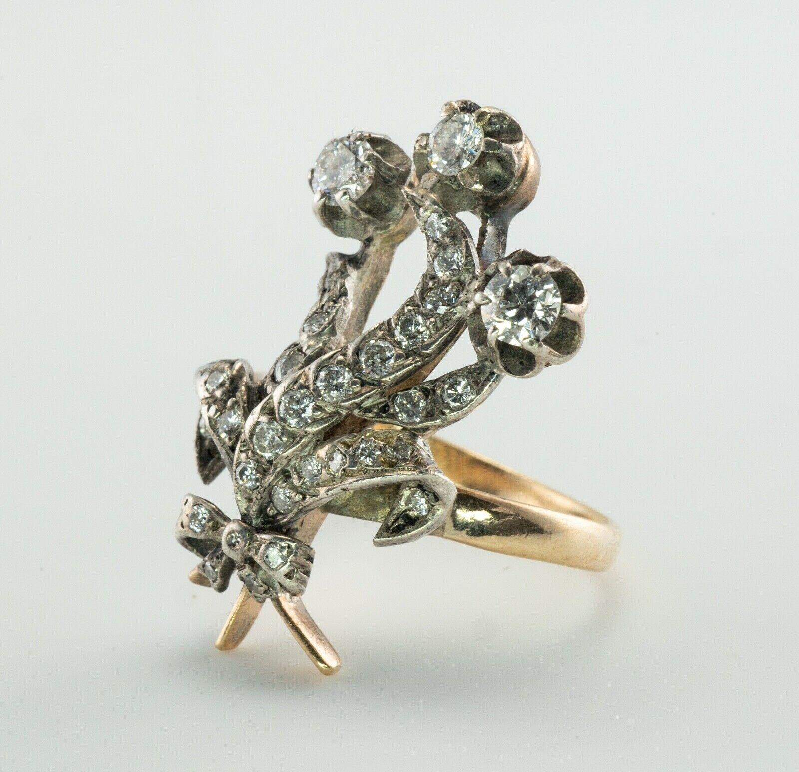 Women's Diamond Ring Cluster 14K Gold Vintage Floral Sterling Silver Top For Sale