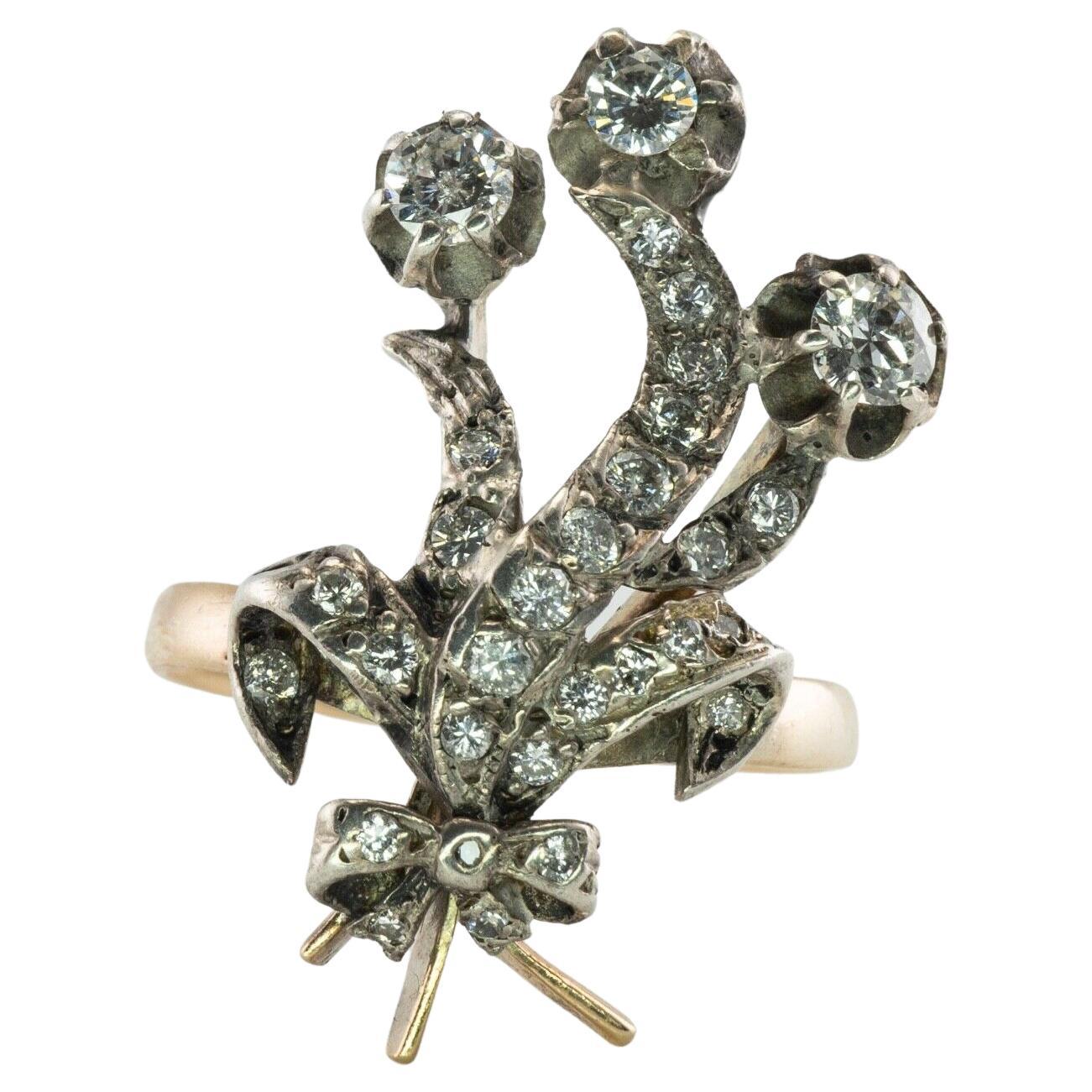 Diamond Ring Cluster 14K Gold Vintage Floral Sterling Silver Top For Sale