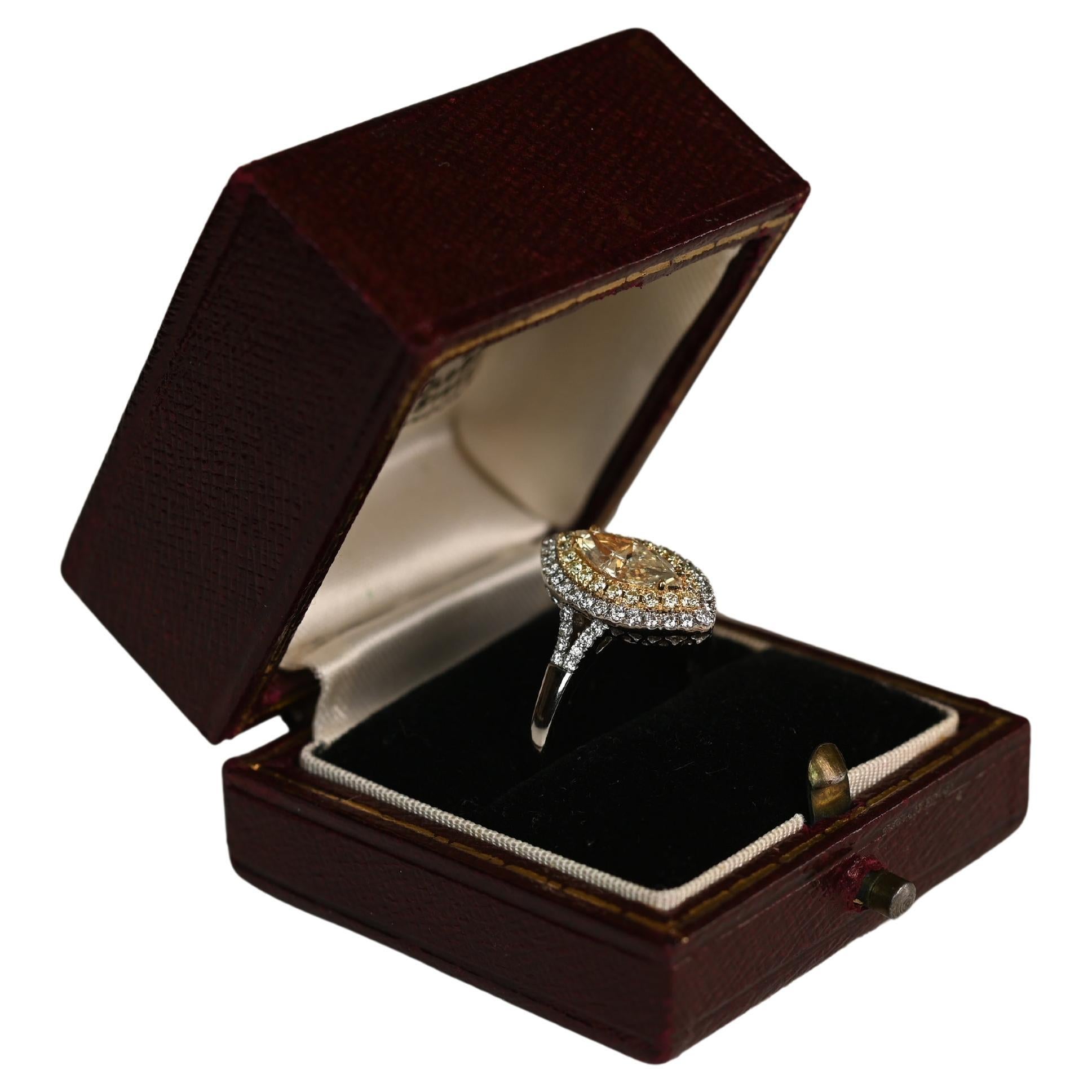 Diamond Ring Double Halo, (Approx. 0.80-Carats) Marquis Cut Yellow Diamond For Sale
