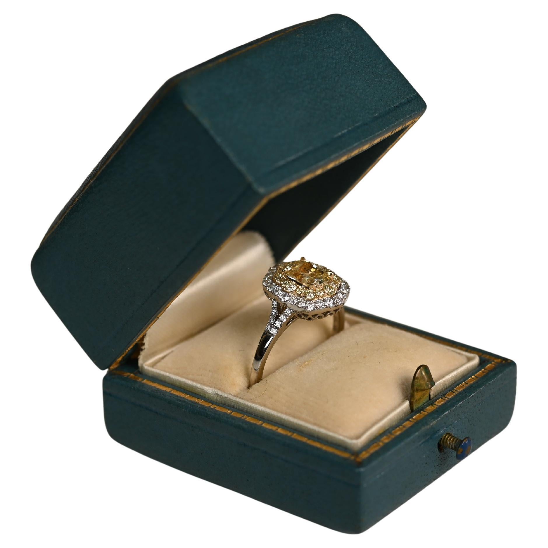 Diamond Ring Double Halo Platinum, (Approx. 0.90-Carats) Cushion Yellow Diamond For Sale