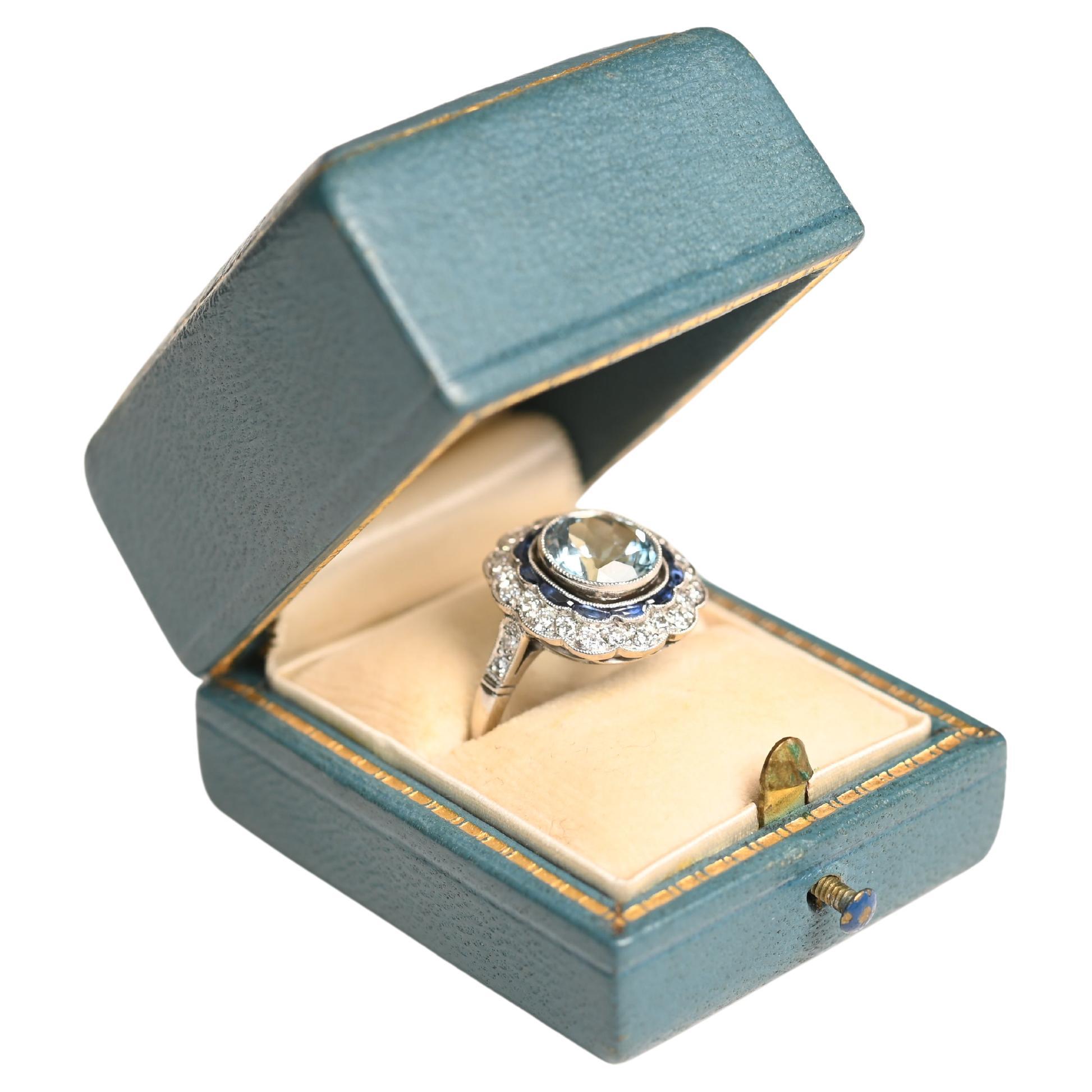 Diamond Ring Double Halo Platinum (Approx. 1.60-Carats), Round Cut Aquamarine