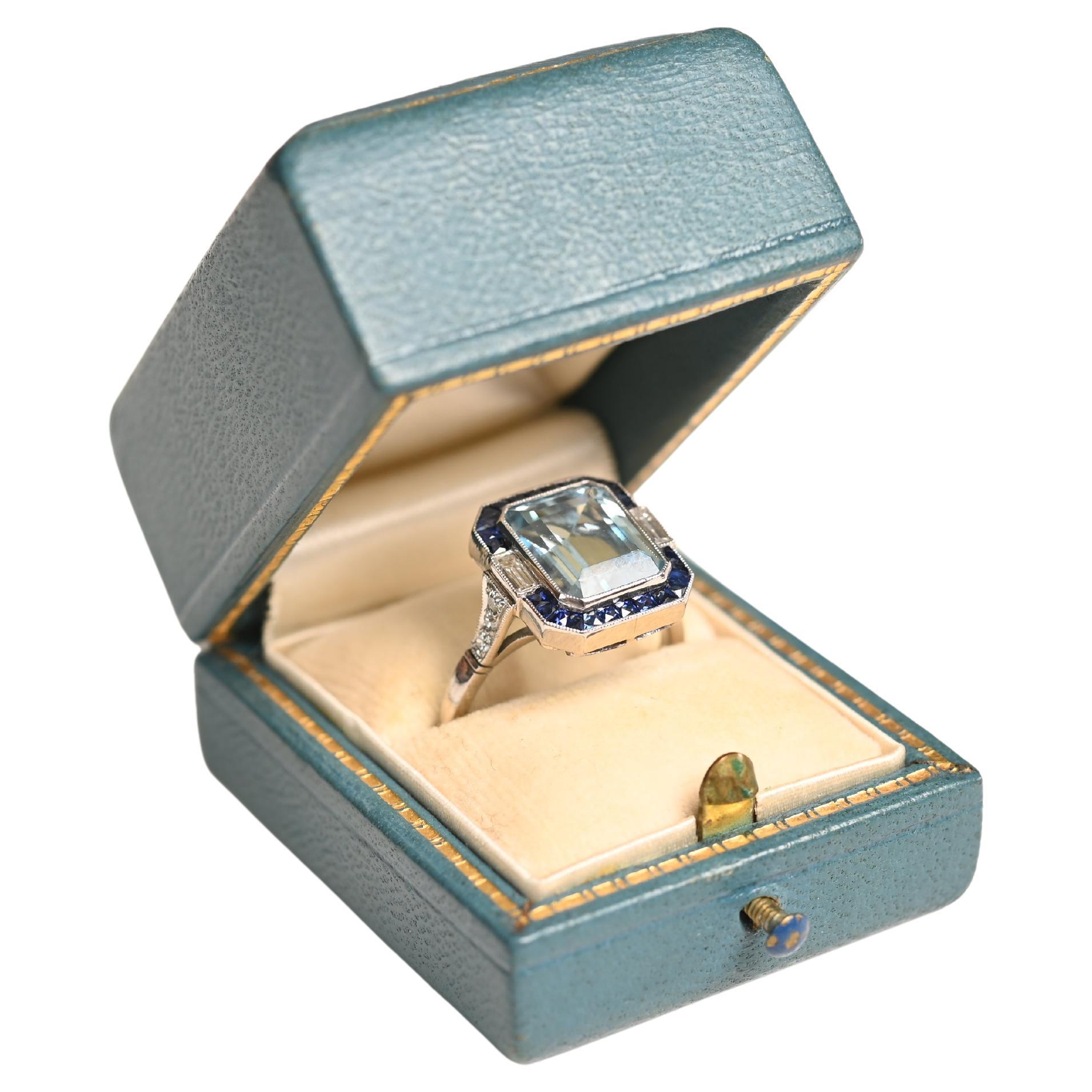 Diamond Ring Double Halo Platinum (Approx. 3.4-Carats) Emerald Cut Aquamarine