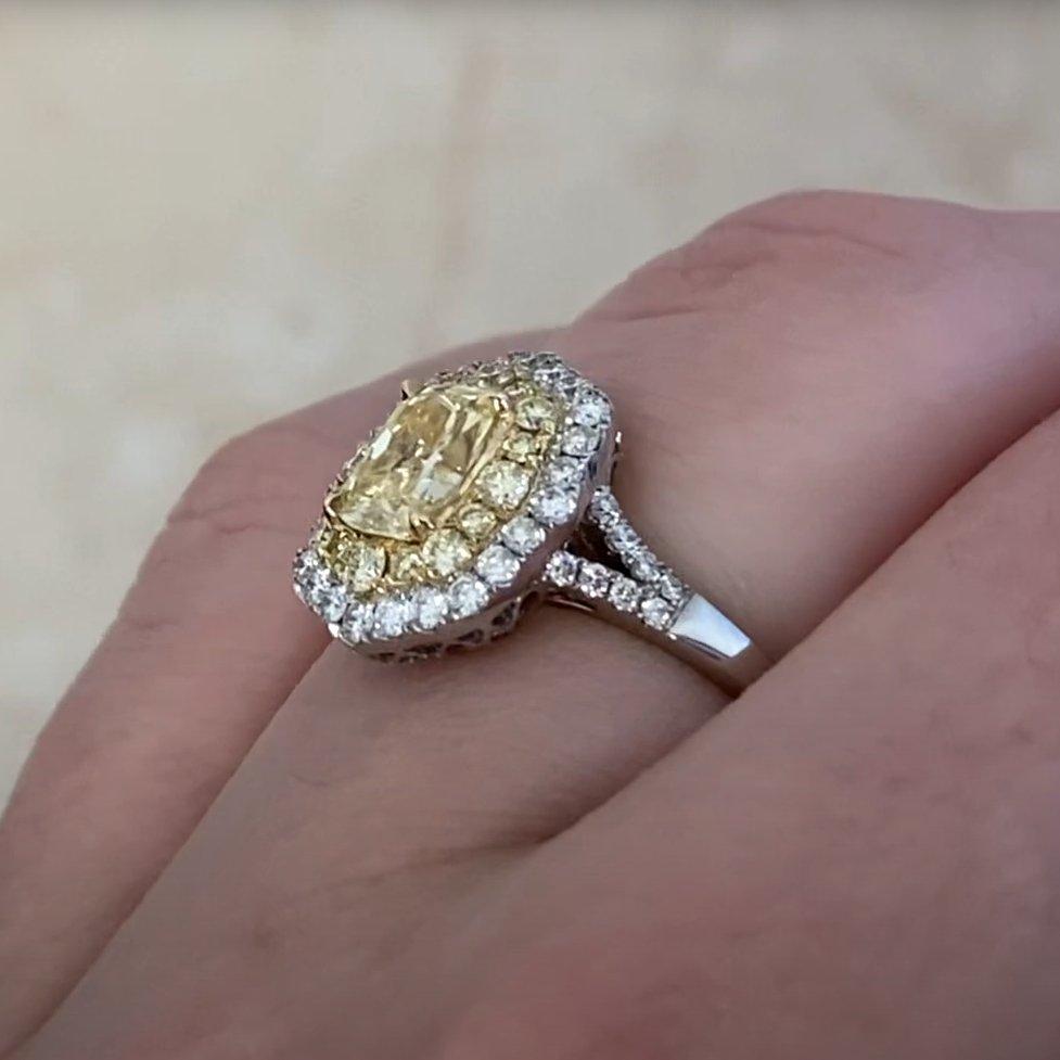 Cushion Cut Diamond Ring Double Halo Platinum, (Approx. 0.90-Carats) Cushion Yellow Diamond For Sale